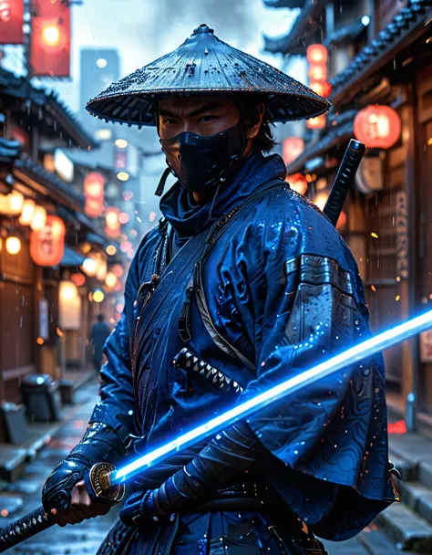masterpiece, best quality, hires, 1man, solo, solo focus, japanese male wearing dark blue ninja suit, using katana, ninja, yakuz...