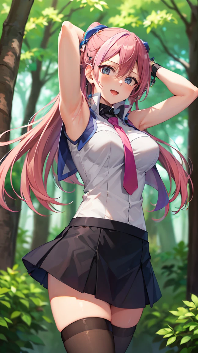 masterpiece, best quality, highres, 1girl, solo, hy1, hair ornament, multicolored hair, necktie, skirt, sleeveless, , black thighhighs, jewelry, ta1, white jacket, sleeveless, blue skirt, fingerless gloves, large breasts, happy, cowboy shot, outdoors, forest 