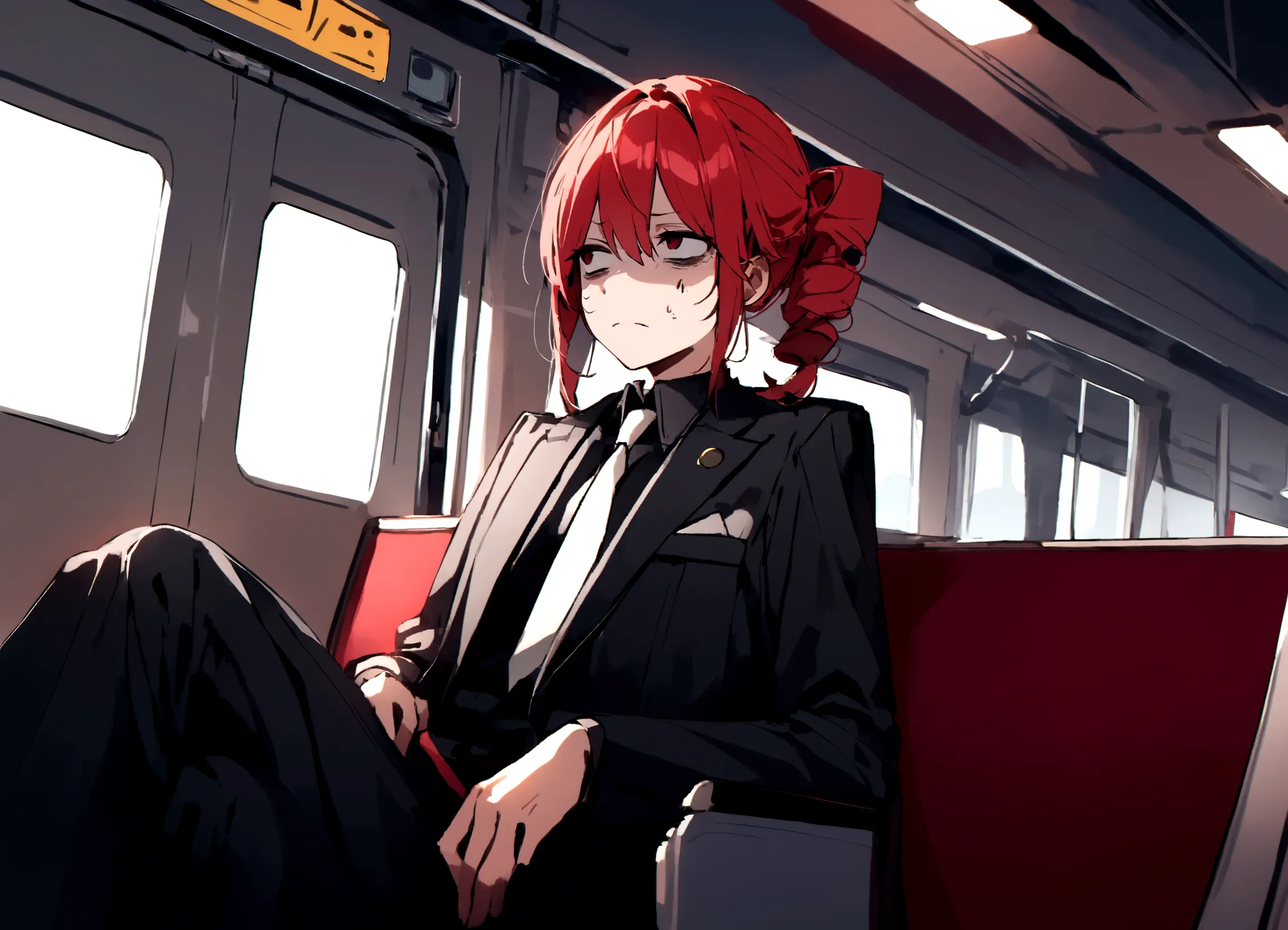 red hair、black suit、painful face、on the train、sitting