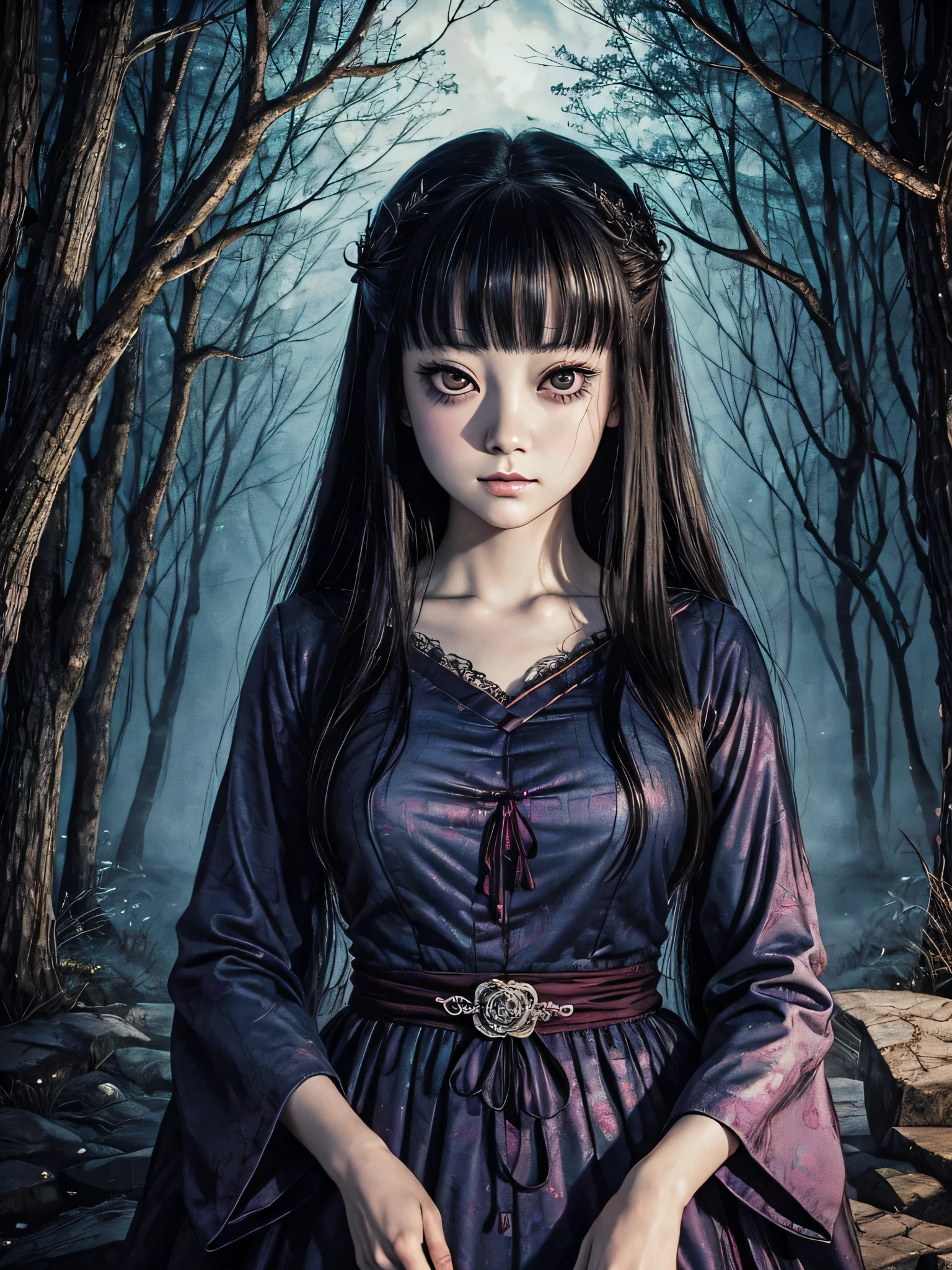 A beautiful and enchanting girl painting, Looking at the camera facing the front、Anxious、Spooky、suspicious、Written by Junji Ito、A beautiful woman、Villainess、Japanese and Western、comics