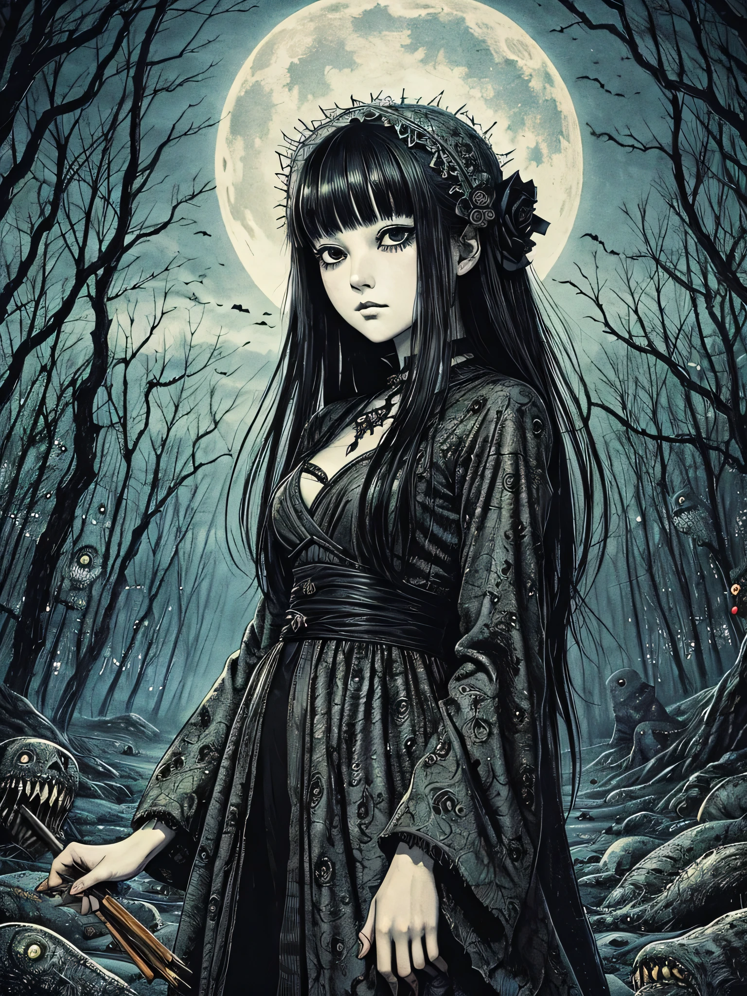 A beautiful and enchanting girl painting, Countless monsters are squirming behind me.、Anxious, Spooky, dark, noble,suspicious、Written by Junji Ito、A beautiful woman、Villainess、Japanese and Western