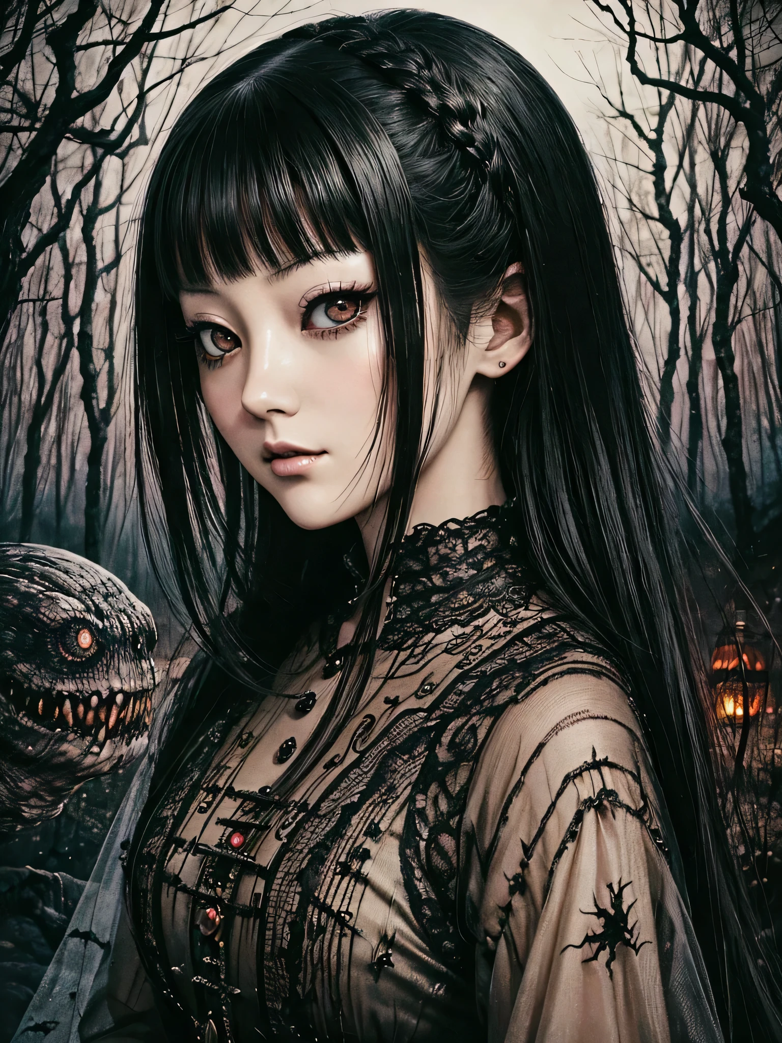 A beautiful and enchanting girl painting, Countless monsters are squirming behind me.、Anxious, Spooky, dark, noble,suspicious、Written by Junji Ito、A beautiful woman、Villainess、Japanese and Western、Unique and stylish hairstyle