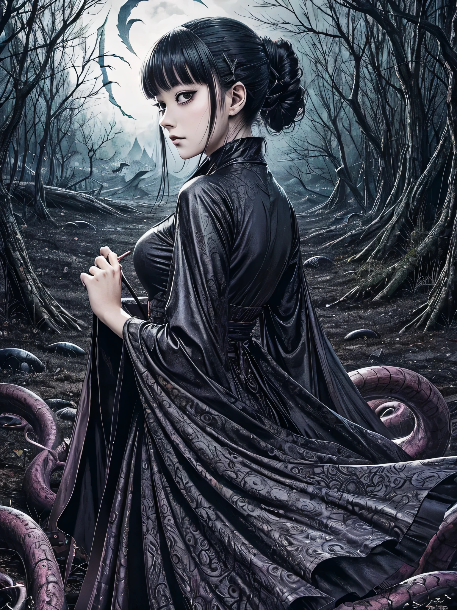 A beautiful and enchanting girl painting, Countless monsters are squirming behind me.、Anxious, Spooky, dark, noble,suspicious、Written by Junji Ito、A beautiful woman、Villainess、Japanese and Western、Unique and stylish hairstyle