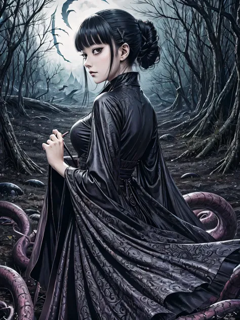 A beautiful and enchanting girl painting, Countless monsters are squirming behind me.、Anxious, Spooky, dark, noble,suspicious、Wr...