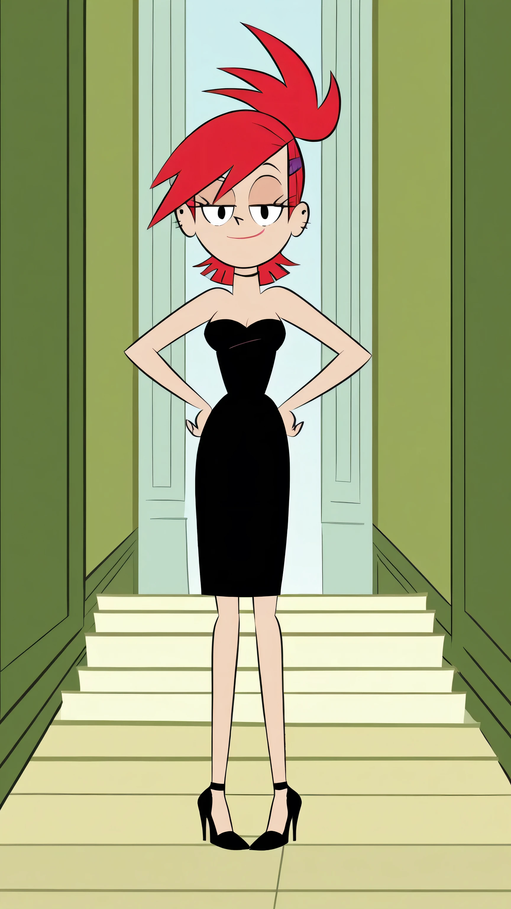 A cartoon girl in a black dress standing on a staircase - SeaArt AI