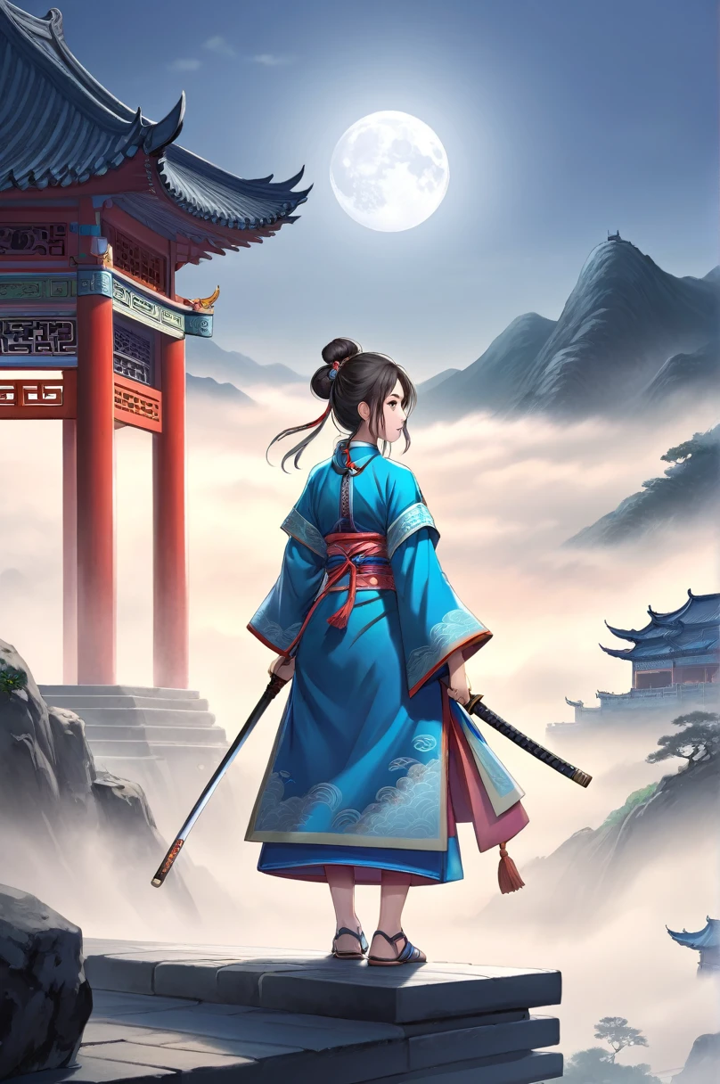 (((highest quality))),(((Super detailed))),(((masterpiece))),(Very detailed CG Unity 8k wallpaper),(Very detailed),masterpiece,figure,,Colored pencil drawing,(Adjust the pen pressure and line thickness、Creates fine shadow intensity。),1 person,1 Female,Swordsman,Woman warrior,Chinese traditional clothing,Are standing,martial arts,tracing,rooftop,moonlight,night,background,Ancient Chinese architecture,Foggy Mountain,silhouette,Silence --ar 16:9\\, A fleeting look