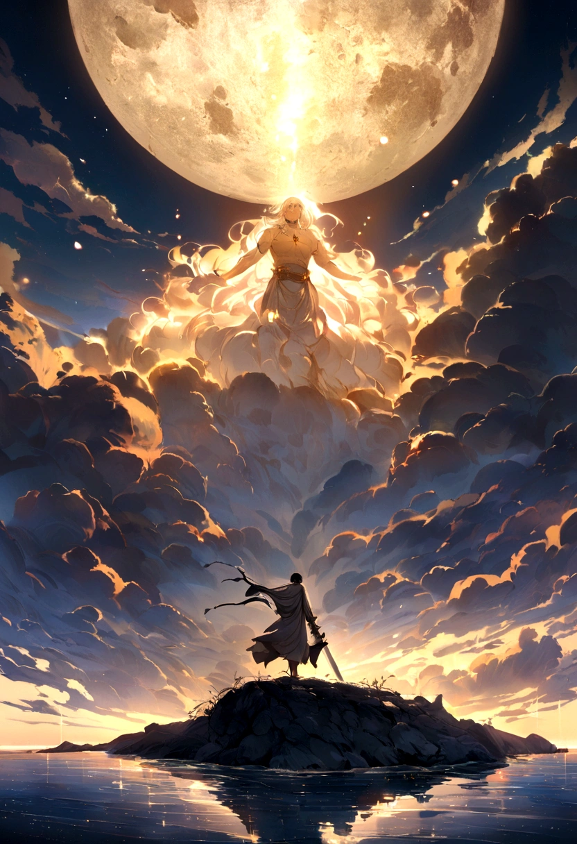 In a mesmerizing silhouetted scene of a giant moon with its surface marked by vividly detailed craters, with radiant sunlight, in a fantastical world bathed in ethereal light, a lone young man who is carrying a sword stands confidently on a serene beach, looking forward with determination in her eyes, with blue waves gently kissing the shore. Behind him, the landscape is both familiar and otherworldly, with ancient structures partially submerged in water, giving the impression that once upon a time there was a great civilization, now in ruins. He has spiky blond hair that shines in the sun, a reflection of his vibrant and adventurous spirit. Around the neck hangs a distinctive pendant, reflecting the light with a touch of mystery. In his hand he holds an enormous sword, beautifully crafted and ornamented with stones, its blade glowing with a magical aura, suggesting that this weapon is not just for combat. The atmosphere is filled with a sense of tranquility, mystery, serenity and adventure. The young man looks at the horizon with a determined and victorious expression, as if he is ready to embark on a new journey, face an imminent challenge or cast a powerful spell.