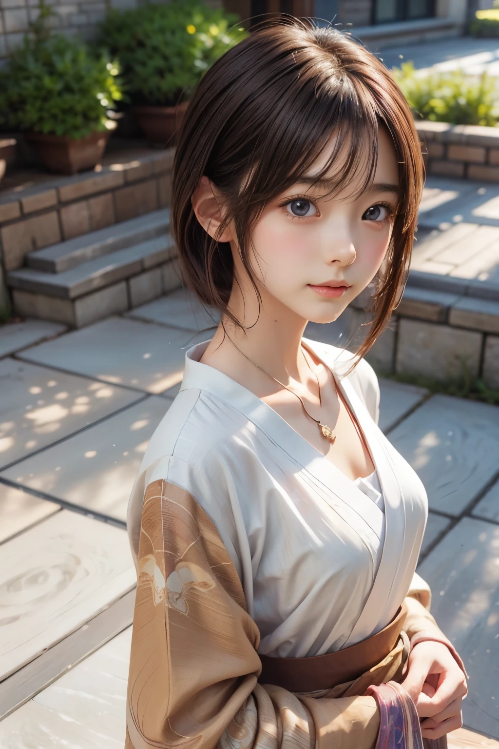 Final Fantasy (Yuna) Anime girl with brown hair and a white kimono wearing a necklace, Beautiful character drawings, Soft animation CG art, Realistic anime art style, Beautiful anime portraits, Beautiful Anime Woman, Photorealistic anime girl rendering, makoto shinkai and artgerm, Realistic 3D anime style, Anime realism style,  Anime style digital art, Beautiful Anime Girls