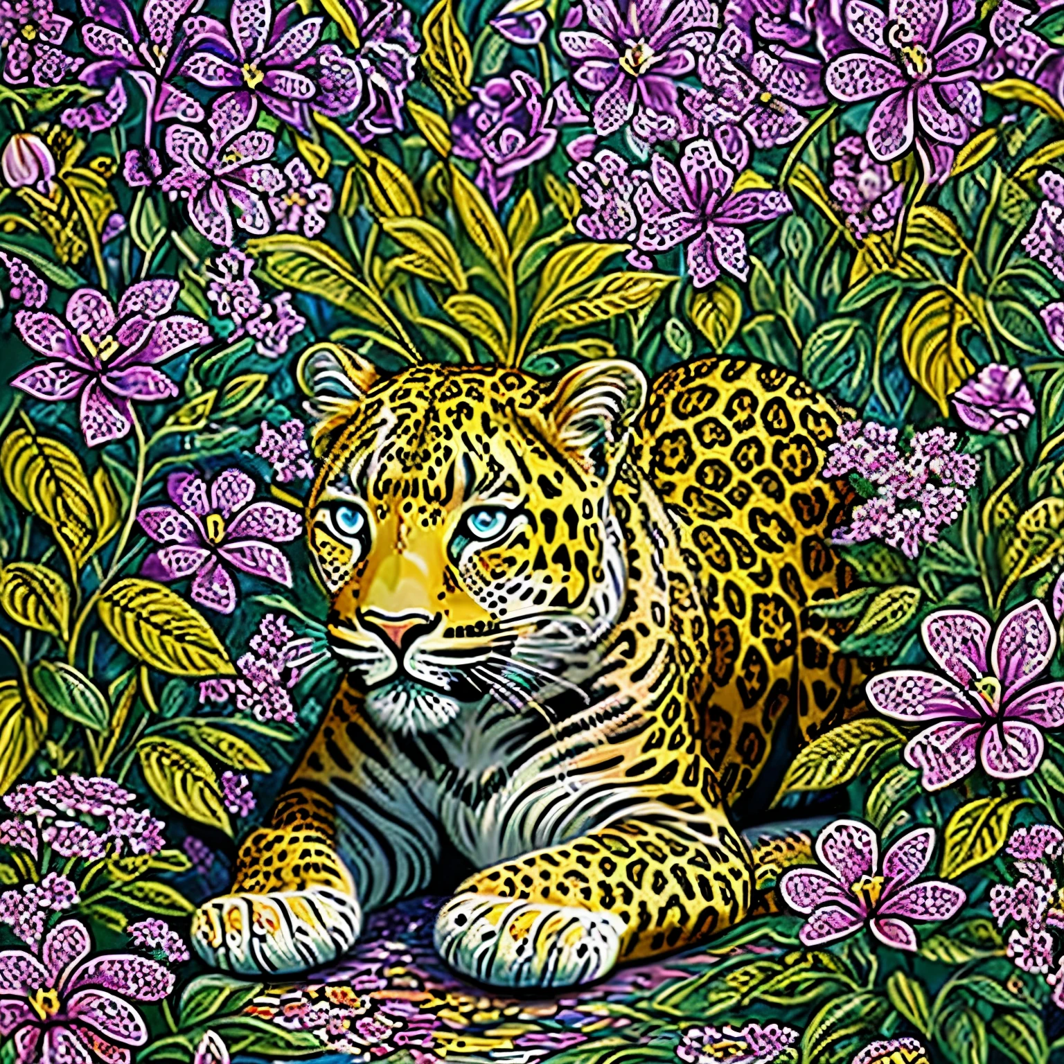 Detailed, high quality, careful drawing of details, fine work, artificial, jewelry work, a full-length leopard sits regally among the flowers in a painting in the style of pop art by Annabel Kidston, winner of the behance competition, in the nominations "naive art", "maximalism", "fauvism", "pop art".