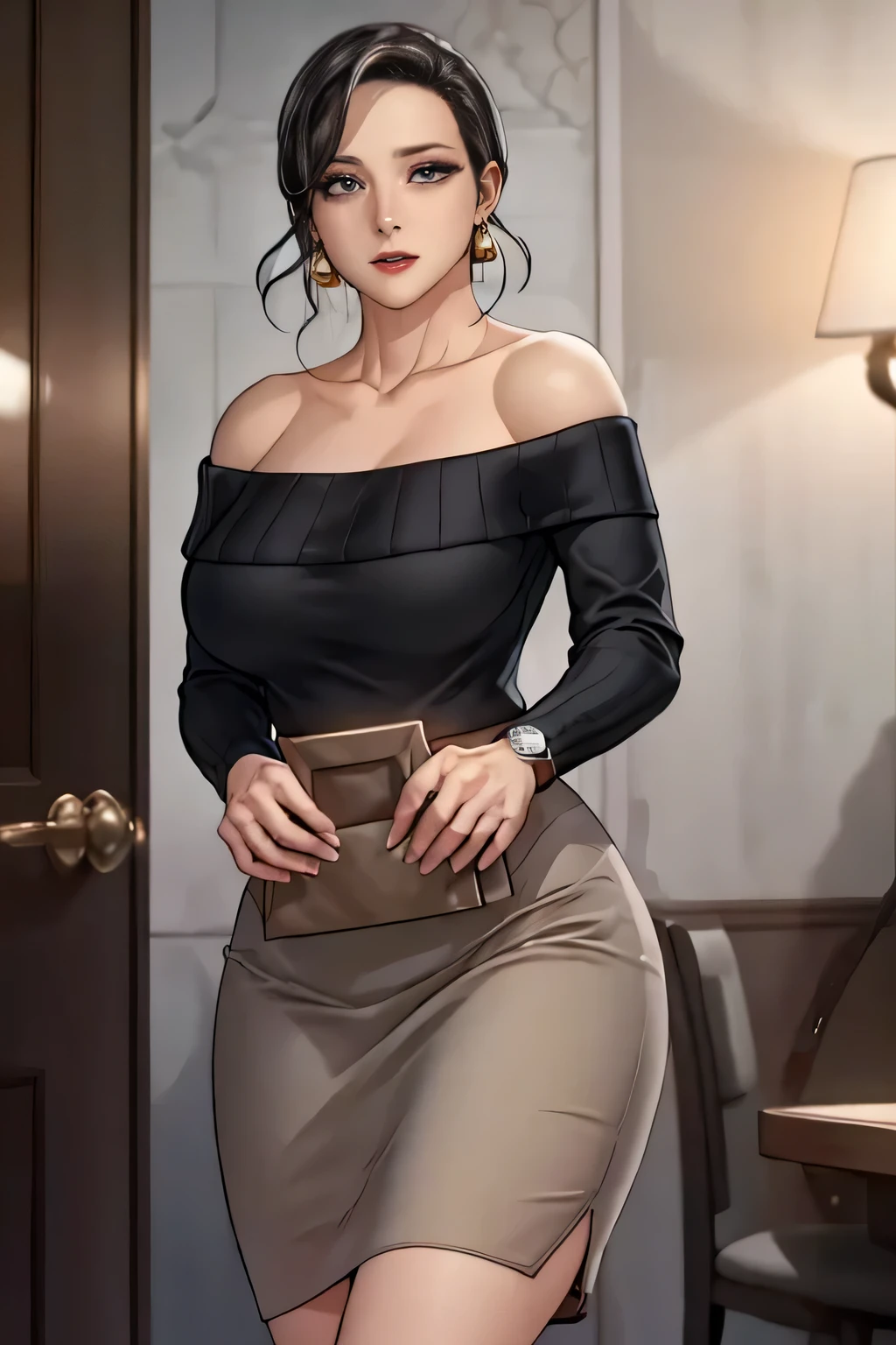 masterpiece, best quality, highres,st1, short hair, hoop earrings, black skirt, wristwatch, off-shoulder sweater, pencil skirt, collarbone, large breasts, cowboy shot, standing