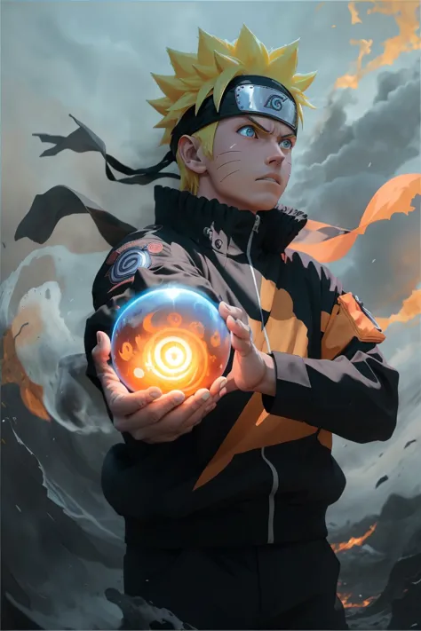 orange and black clothes、(the wind blows into my hands,a small light blue tornado-like sphere called a rasengan:1.2),realistic,8...