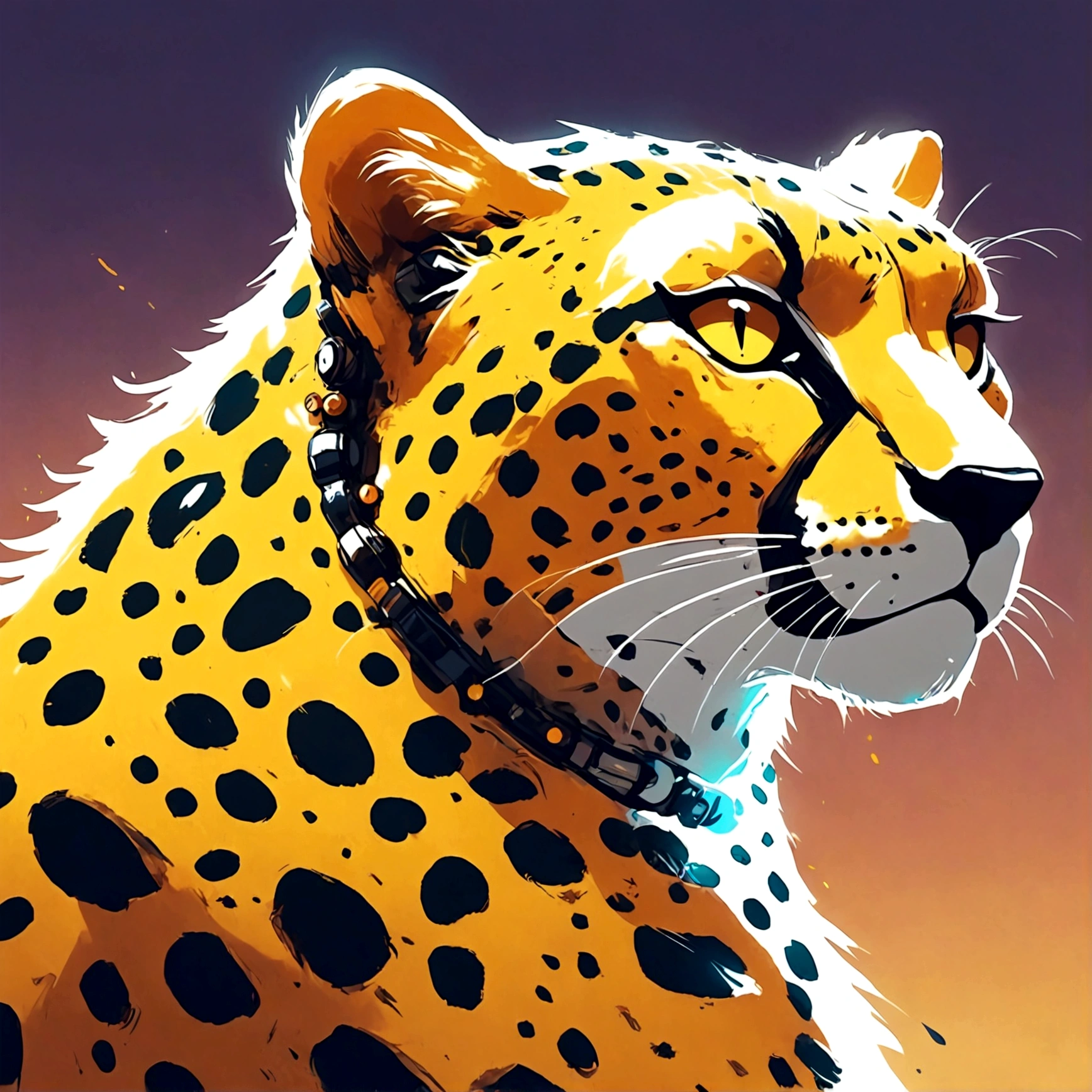 full view of mechanized cheetah in art style of Sam Bosma anime, Painting, Split Toning, Electric Colors, Kodachrome, 2D, 4k, HDR, Curve,
