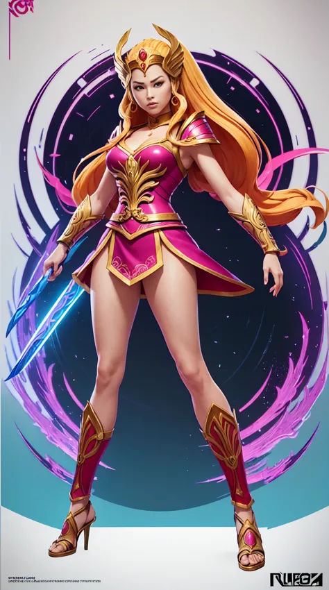 ((Full body photo, standing, feet on the ground))  She-ra, TM Samurai, intricate face details, poster style, icons, vibrant colo...