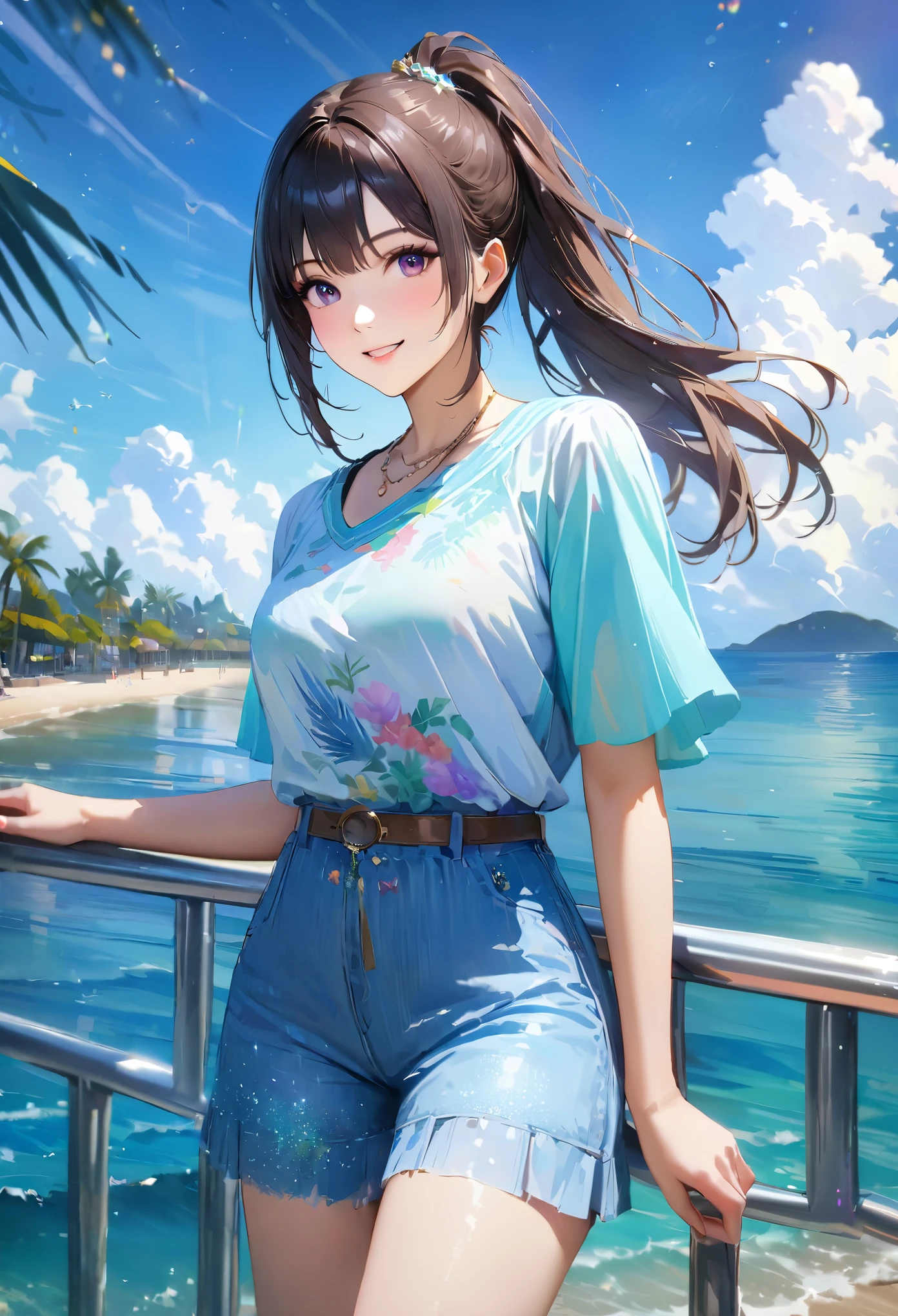 Sparkling sea and tropical ocean, Sunny sky with fluffy white clouds, Palm trees along the coast, Blur the background,Pleasant sea breeze,High school girls,ponytail,smile,Glitter effect,highest quality, 4K, 8k, High resolution, masterpiece:1.2, Very detailed, Realistic:1.37, High resolution, 超High resolution, Ultra-fine painting, Sharp focus, Physically Based Rendering, Very detailedな説明, Professional, Vibrant colors