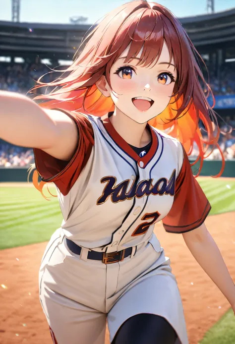 baseball ground, sunny sky with fluffy white clouds, baseball uniforms, blur the background,high school girls,shortcuts,smile,gl...