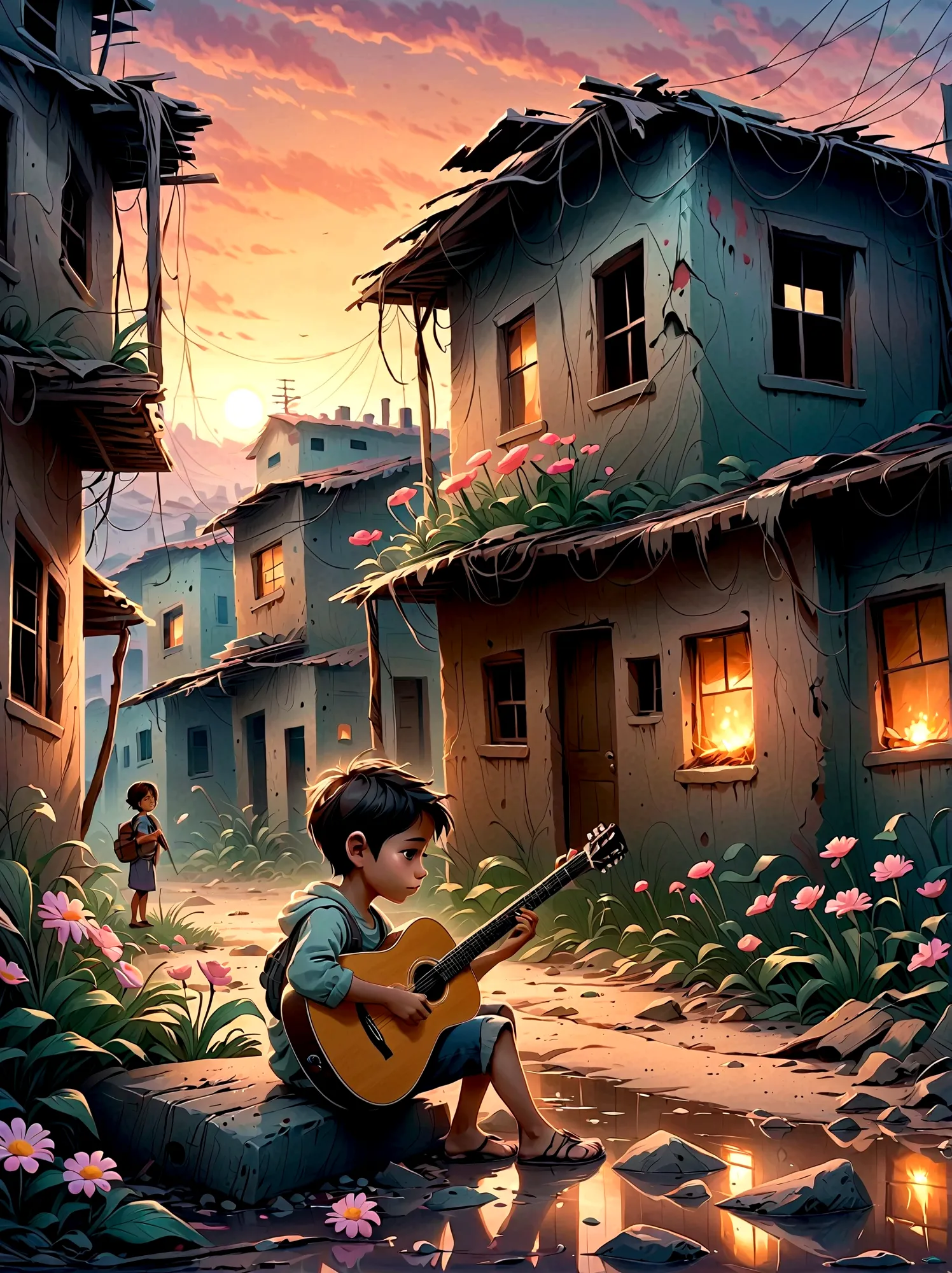 In the midst of a war-torn, smoky ruin, a child is playing a guitar, (A tenacious little flower grows at the child&#39;s feet), ...