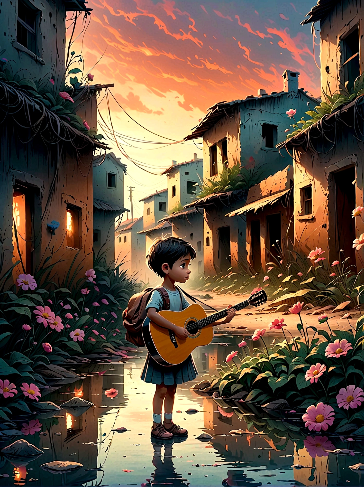 In the midst of a war-torn, smoky ruin, a child is playing a guitar, (A tenacious little flower grows at the child&#39;s feet), The scene captures the stark contrast between the devastation of the surroundings and the innocence of the . The ruins are filled with debris and remnants of buildings, with smoke and fire in the background. The child's expression is somber, reflecting the harsh reality of the situation. The overall mood is poignant and emotional, with muted colors and dramatic lighting to emphasize the desolation and the glimmer of hope represented by the music.