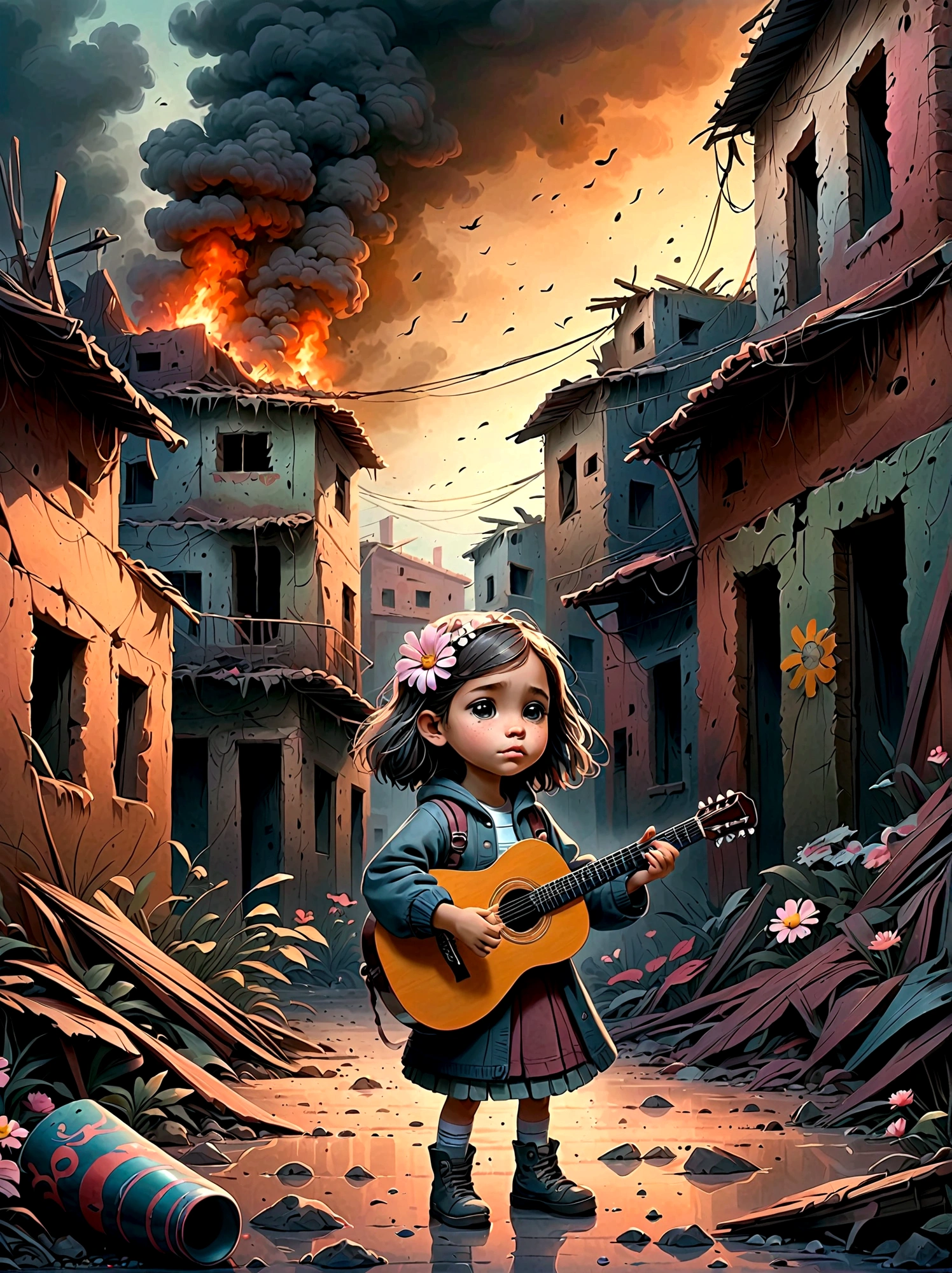 戦争で荒廃した, 煙の廃墟, 子供がギターを弾いている, (粘り強い小さな花が子供に咲く&#39;の足), このシーンは、周囲の荒廃と、 . 遺跡には瓦礫や建物の残骸が溢れている, 背景には煙と火がある. 子供の表情は暗い, 厳しい現実を反映している. 全体的な雰囲気は感動的で感動的である, 落ち着いた色調とドラマチックな照明で、音楽が表現する荒廃と希望のきらめきを強調する.