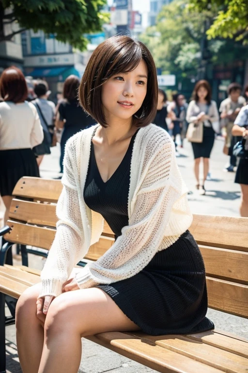 (RAW Photos:1.2), (Realistic:1.4),Beautiful detailed woman,Very fine grain and surface, fine grain, Very detailed,High resolution, Very detailed,highest quality,Unified,8k wallpaper,masterpiece,highest quality,1 female,alone,rich,Whole Body Ezbian,A little thick,alone,（White cardigan、 black knit long Dress,skirt,Handbags,heels）,(Sit on a bench),bob cut ,A kind smile,Realistic,In the middle of a crowded town