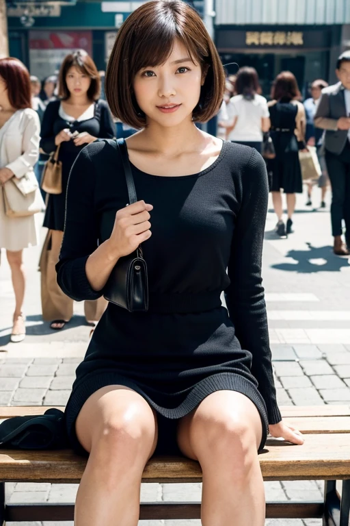 (RAW Photos:1.2), (Realistic:1.4),Beautiful detailed woman,Very fine grain and surface, fine grain, Very detailed,High resolution, Very detailed,highest quality,Unified,8k wallpaper,masterpiece,highest quality,1 female,alone,rich,Whole Body Ezbian,A little thick,alone,（White cardigan、 black knit long Dress,skirt,Handbags,heels）,(Sit on a bench),bob cut ,A kind smile,Realistic,In the middle of a crowded town