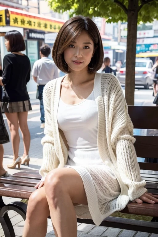 (RAW Photos:1.2), (Realistic:1.4),Beautiful detailed woman,Very fine grain and surface, fine grain, Very detailed,High resolution, Very detailed,highest quality,Unified,8k wallpaper,masterpiece,highest quality,1 female,alone,rich,Whole Body Ezbian,A little thick,alone,（White cardigan、 black knit long Dress,skirt,Handbags,heels）,(Sit on a bench),bob cut ,A kind smile,Realistic,In the middle of a crowded town