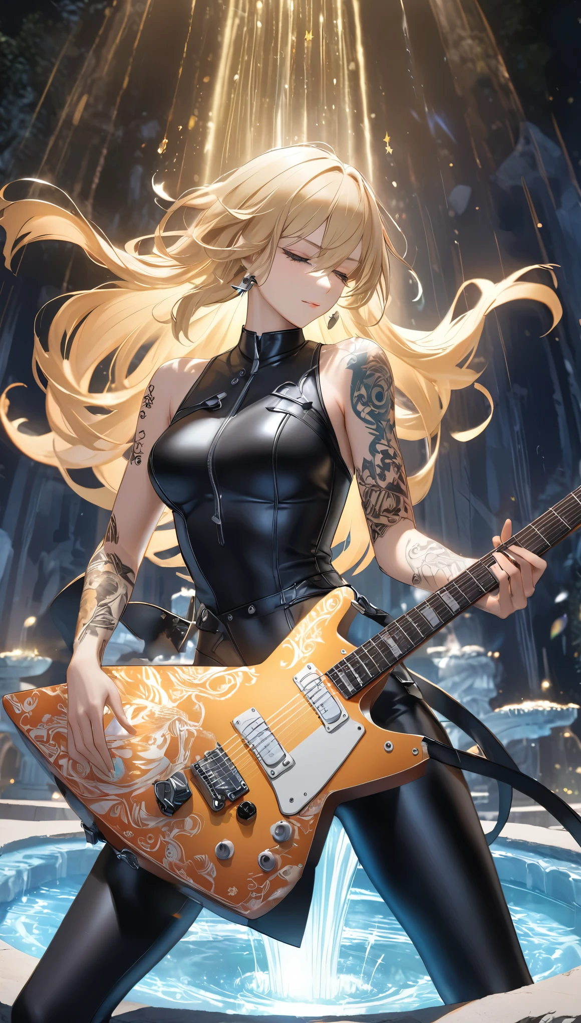 best quality, super fine, 16k, extremely detailed, 2.5D, delicate and dynamic, beautiful and cool rock guitarist playing guitar solo while standing in the center of stone fountain, cool guitar with (star-shaped white body), slim and tight leather outfit, tattoo on arms, blonde hair, cool standing posture, mysterious and fantastical light-up effect