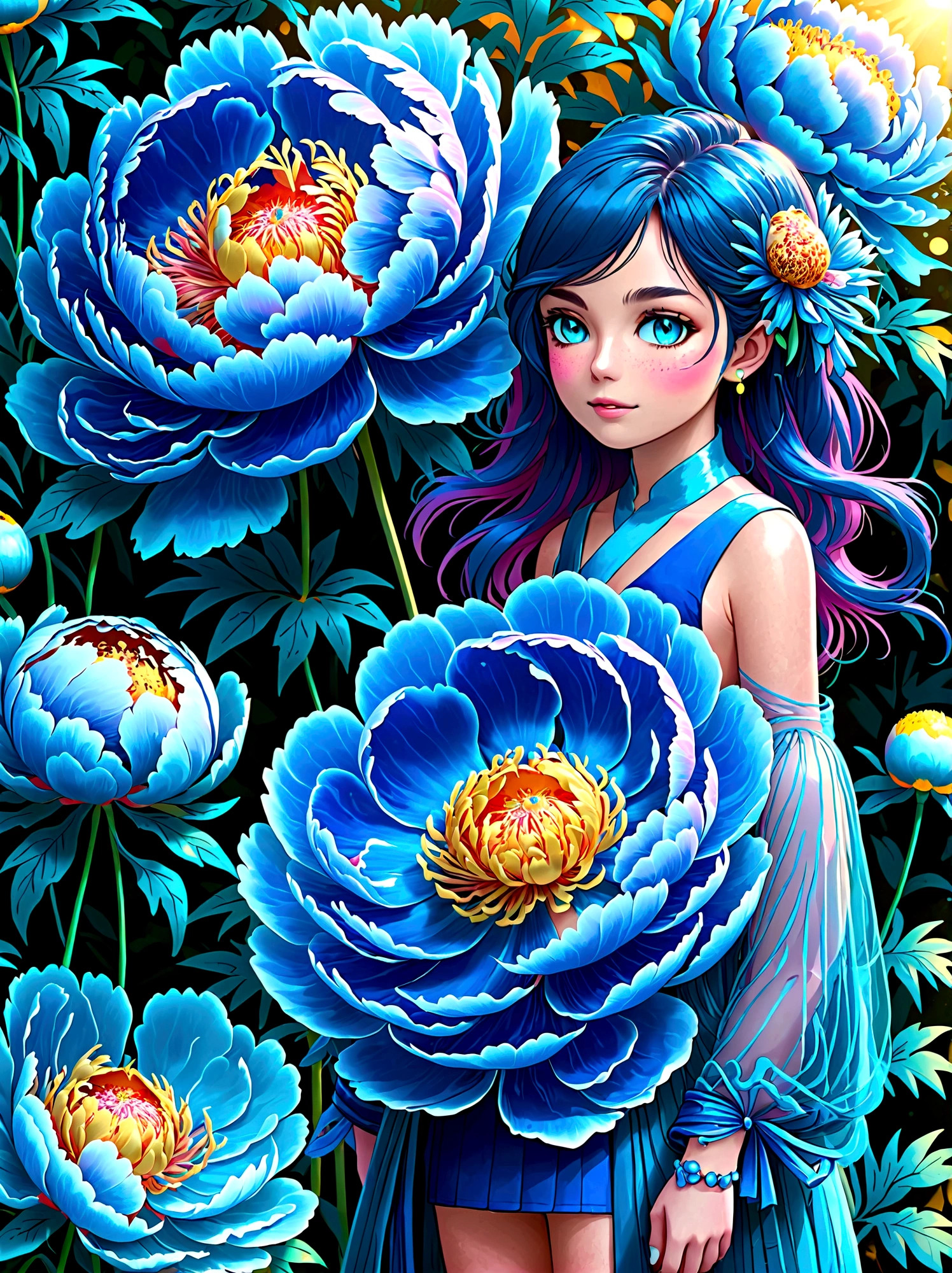 (masterpiece，Best quality:1.2，lifelike:1.4)，Cartoon Characters，Vector illustration，(1 Girl，Half Body)，Exquisite facial features，Detailed eye drawing，eyelash，Blush，Long hair，Exquisite makeup，Beautiful pearls on the head，Blue华丽的汉服，Garden background blurred，concise，Glowing Butterfly，(Blue:1.3)，(Giant peony flower:1.3), 1kexx1