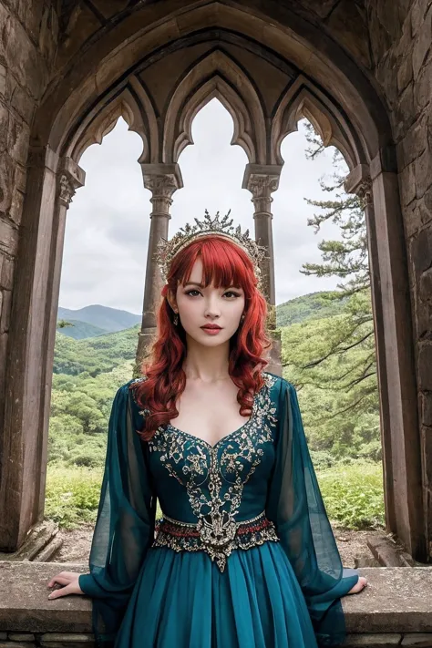 realistic photography , beautiful woman with red hair in an enchanted castle