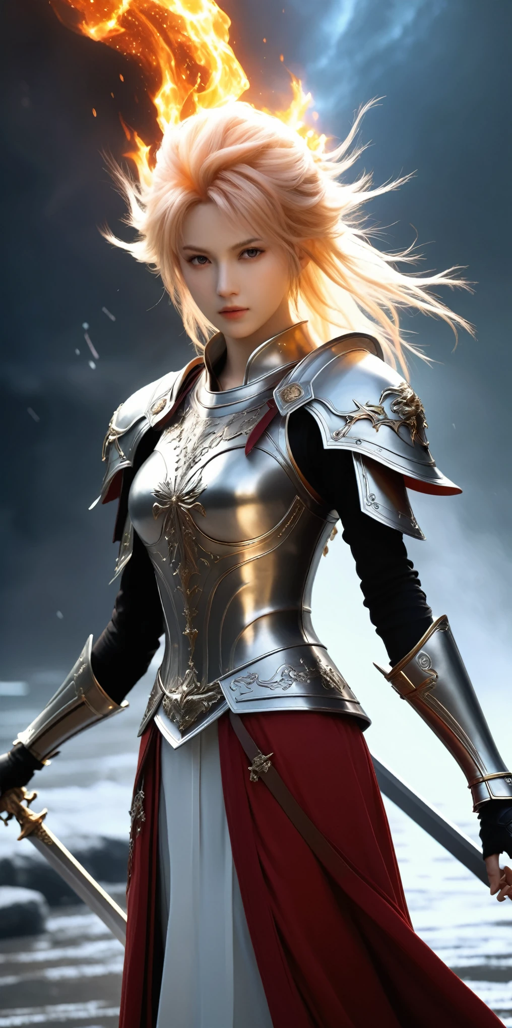 (8k, highest quality, masterpiece, final fantasy style: 1.2), (Realistic, photoRealistic: 1.37), Super detailed, One Girl, Paladin with a sword imbued with light, Wide viewing angles, huge firm bouncing bust, Very delicate depiction, Miniature painting, Detailed depiction of the face, Detailed depiction of hair, Accurate skeleton, Dress with intricate patterns, Complicated armor, long thick sword,dream-like,Ultra-realistic mixed fantasy world,A mix of realistic and fantastical elements,Magical Effects,(Magic circle on the ground, Casting a Spell, Swirling Magic, Light particles),Dynamic Light,red,fire, red fire eyes,elegant,Rays of Sin,dark,(dark magic), (strict), The battle between good and evil, (Excalibur:1),(Swirling Flames:1),universe, lightning, eruption