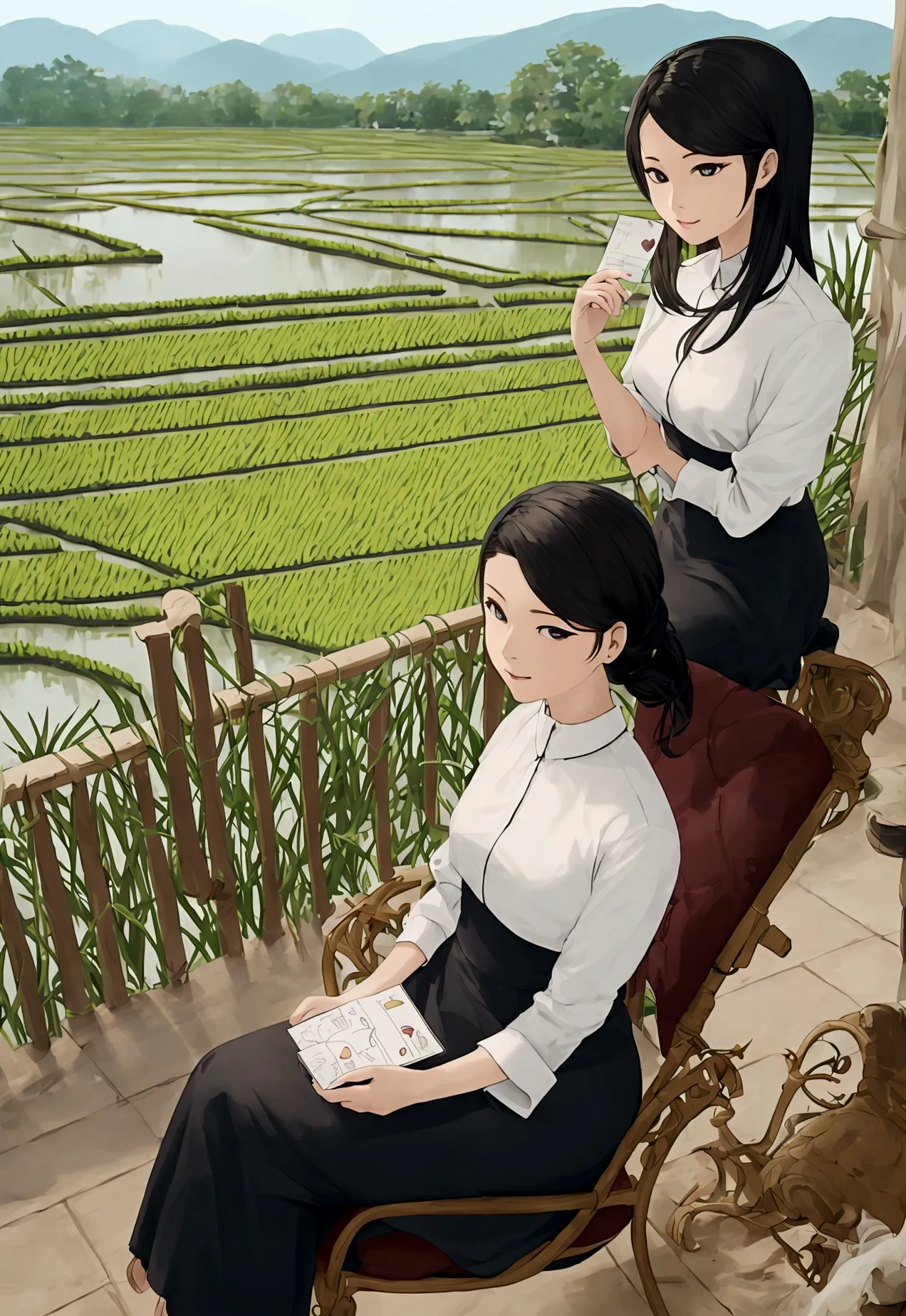 illustration of a rich woman sitting and looking at a rice field. wide angle, straight face, tha ro card style.