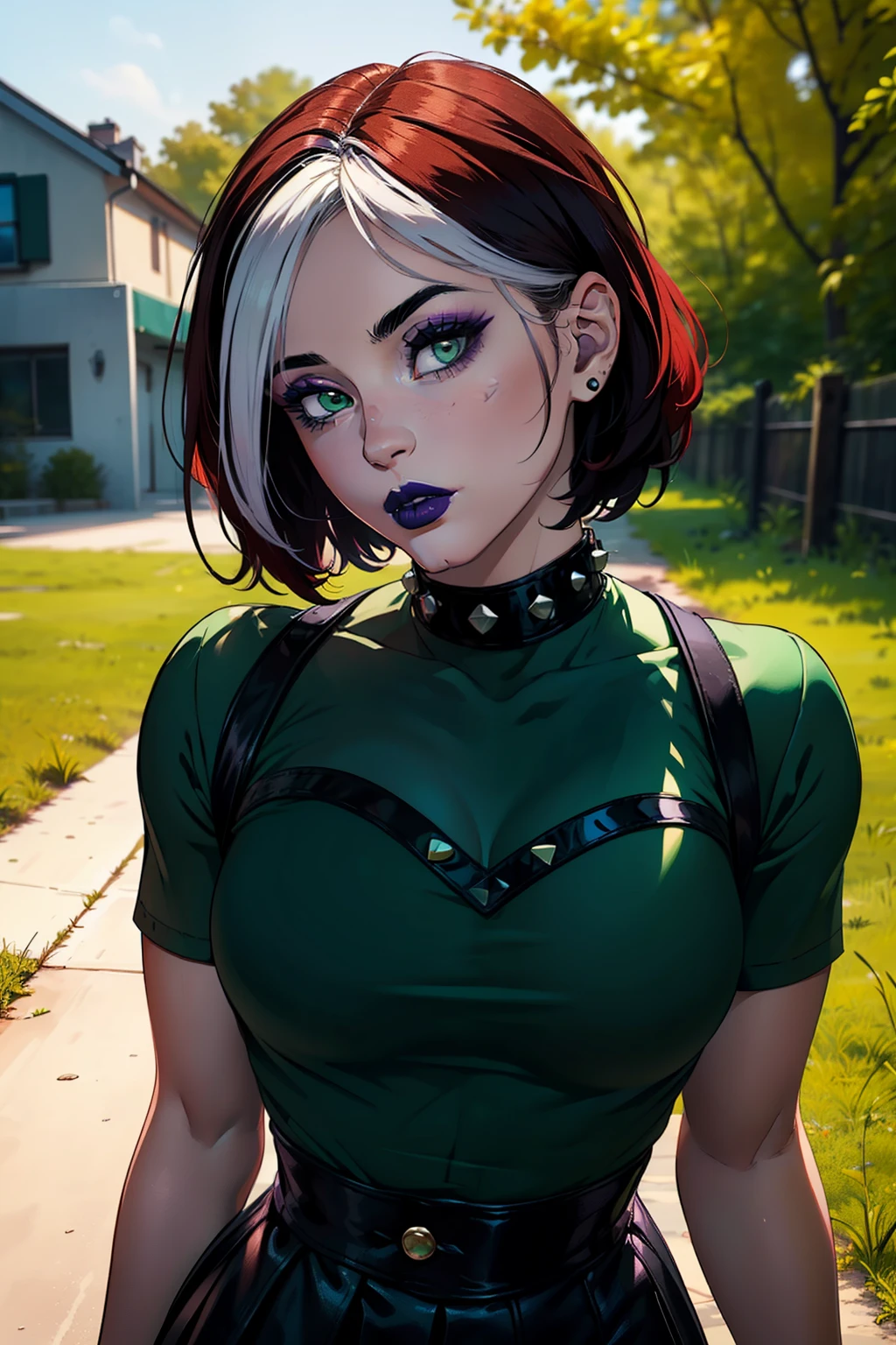 (masterpiece, best quality, ultra-detailed), 1girl, RogueXME, two-tone hair, (red hair), white bangs, green eyes, purple makeup, purple lipstick, studded collar, medium breasts, green shirt, black skirt, mini skirt, outdoors