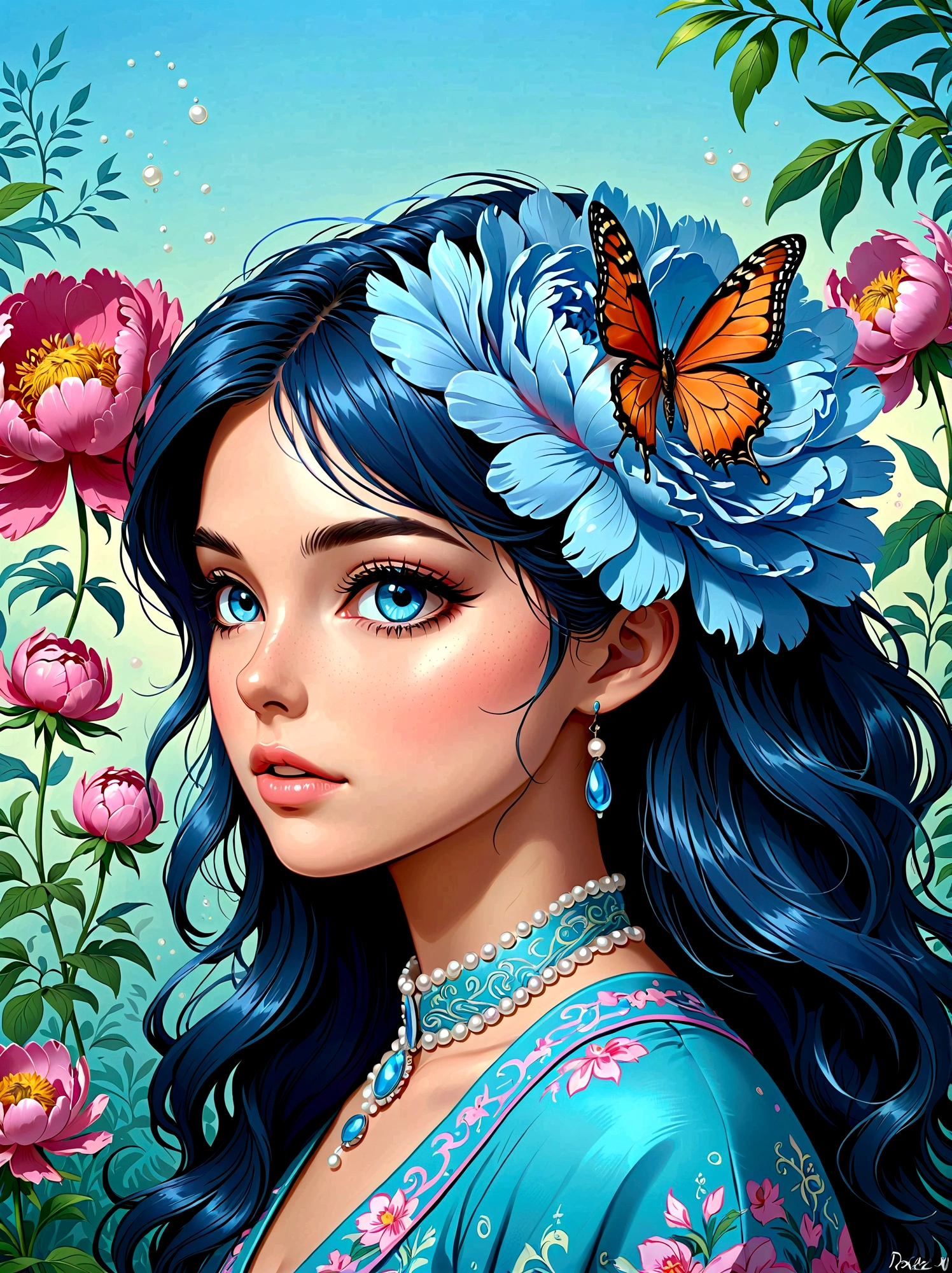 (傑作，最好的品質:1.2，逼真:1.4)，卡通角色，向量圖，(1 名女孩，半身)，精緻的五官，詳細的眼睛畫法，睫毛，臉紅，長髮，精緻妝容，頭上有美麗的珍珠，藍色的华丽的汉服，花園背景模糊，簡潔的，發光蝴蝶，藍色的，巨型牡丹花, 1kexx1