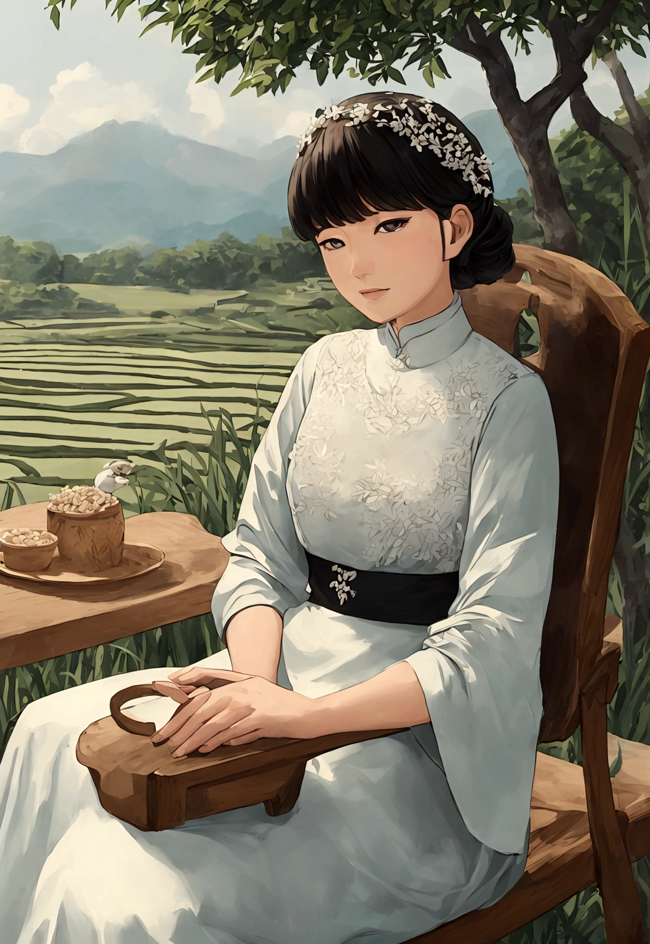 Illustration of a rich woman sitting and looking at a rice field. Wide angle, straight face, Tha Ro card style.