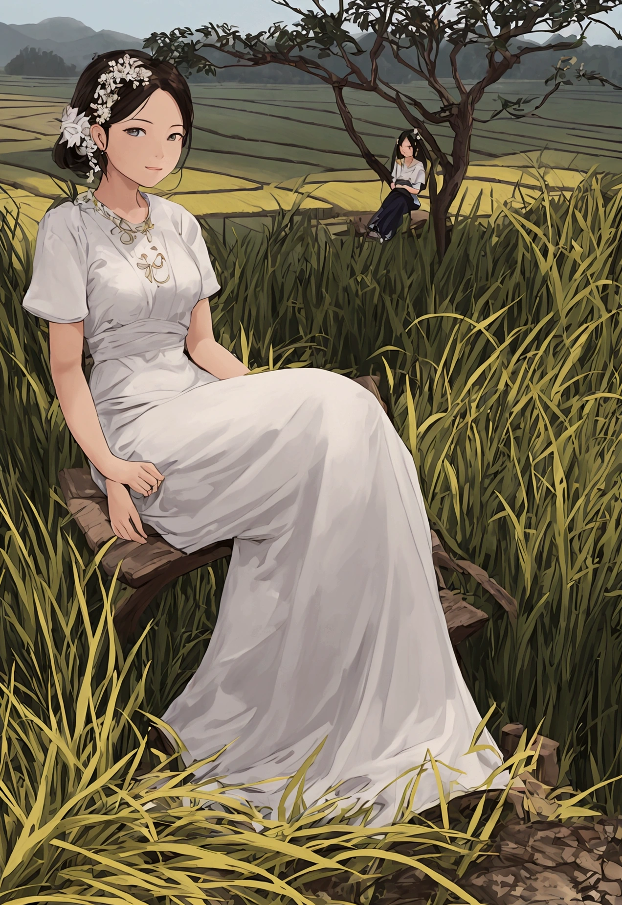 Illustration of a rich woman sitting and looking at a rice field. Wide angle, straight face, Tha Ro card style.