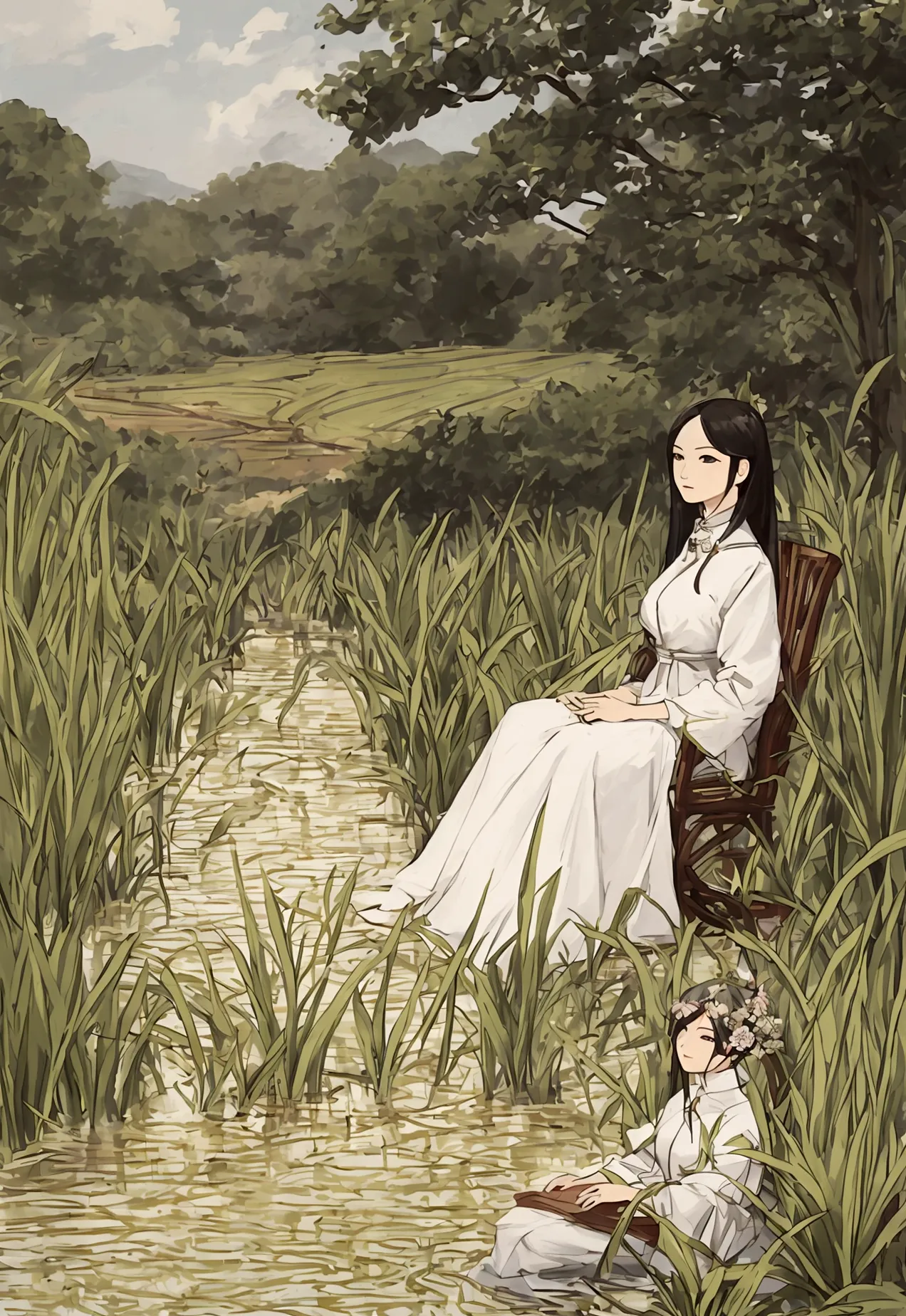 illustration of a rich woman sitting and looking at a rice field. wide angle, straight face, tha ro card style.