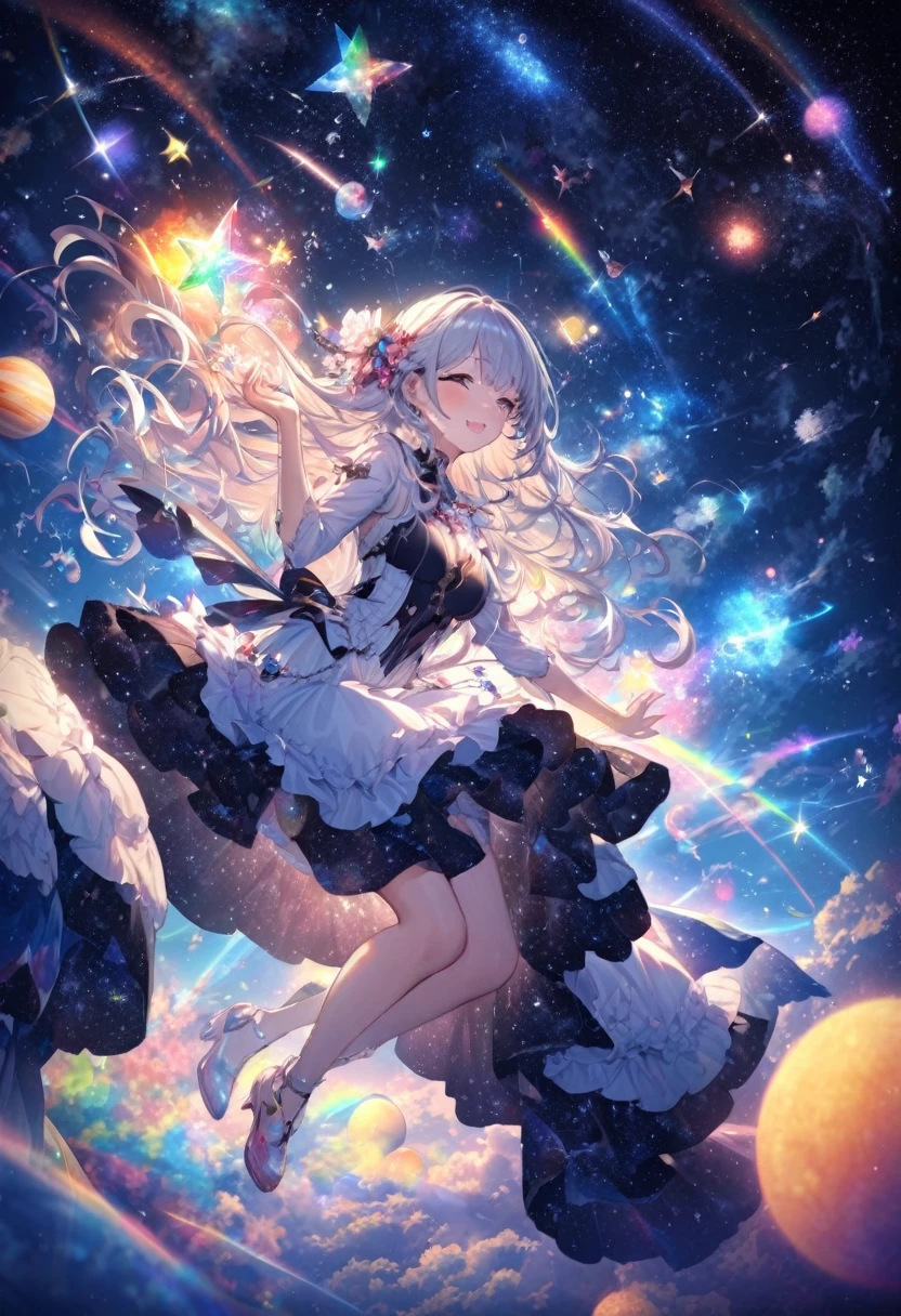 High detail, Super detailed, Ultra-high resolution, A girl having a good time in a dream galaxy, Surrounded by stars, The warm light that shines on her, The background is a starry sky with colorful galaxies and galactic clouds, The stars fly around her, Delicate face, Add a playful touch , 