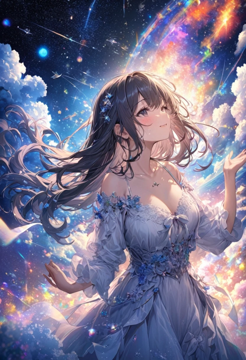 High detail, Super detailed, Ultra-high resolution, A girl having a good time in a dream galaxy, Surrounded by stars, The warm light that shines on her, The background is a starry sky with colorful galaxies and galactic clouds, The stars fly around her, Delicate face, Add a playful touch , 