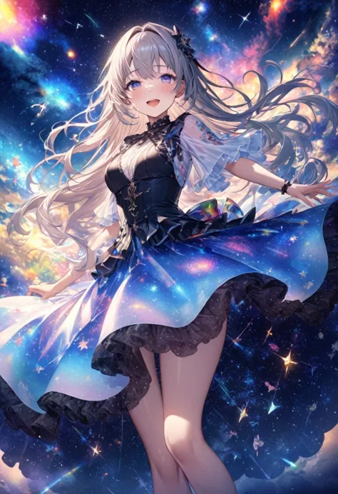 High detail, Super detailed, Ultra-high resolution, A girl having a good time in a dream galaxy, Surrounded by stars, The warm l...