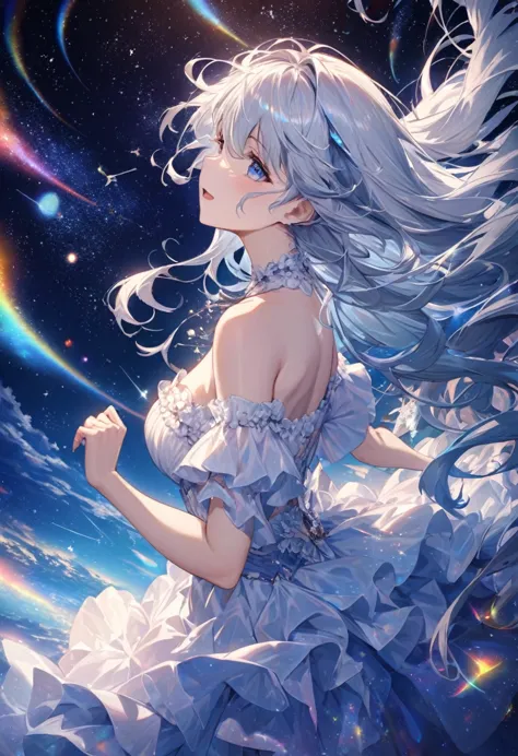 High detail, Super detailed, Ultra-high resolution, A girl having a good time in a dream galaxy, Surrounded by stars, The warm l...