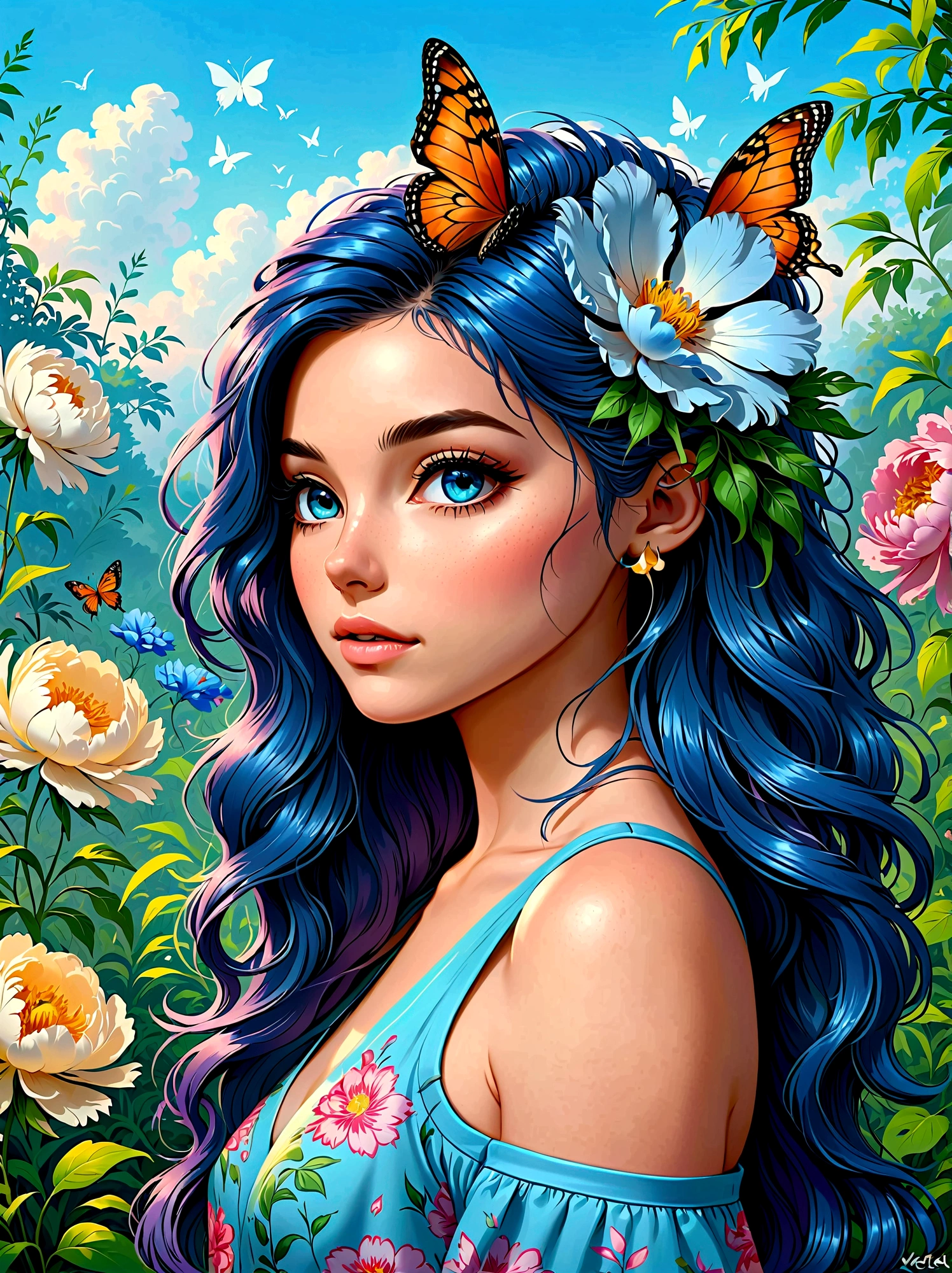 (杰作，最好的质量:1.2，逼真:1.4)，卡通角色，矢量插图，(1女孩，半身)，精致的五官，详细画眼睛，睫毛，脸红，华丽的衣服，五颜六色的头发，辫子，独特而狂野的发型，精致妆容，蓝色的华丽的汉服，花园背景模糊，简洁的，发光的蝴蝶，蓝色的，巨型牡丹花, 1kexx1
