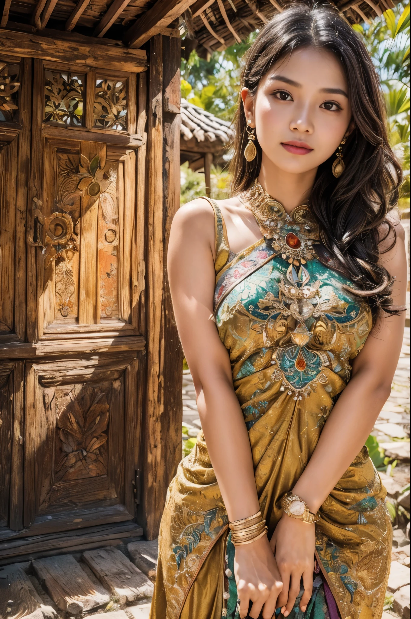 A close up portrait of a javanese girl, (beautiful, detailed, mesmerizing) eyes, (beautiful, detailed, sensual) lips, (expressive:1.1), (long, black) hair, (flawless, sun-kissed) skin, innocent expression, [javanese, traditional, cultural] attire, [vibrant, colorful] kebaya, [playfully, graceful, energetic] poses, (joyful:1.1), (slender, busty) posture

[bustling, lively, peaceful, serene] (javanese-style) [garden, park], [lush, green, fertile, tropical] landscape, (beautiful, scenic, natural) elements, photon mapping, (rustic, traditional) [Joglo, pendopo] architecture, [ornate, traditional, Javanese] lanterns, [intricate, detailed] carvings, [colorful, vibrant] floral decorations

(best quality, 4k, 8k, highres, masterpiece:1.2), ultra-detailed, (realistic, photorealistic, photo-realistic:1.37), [HDR, UHD], [studio lighting, beautifully, illuminated], (vivid, natural) colors, (harmonious, radiant) color palette, [subtle, warm, earthy] tones, [sunlit, soft] illuminations