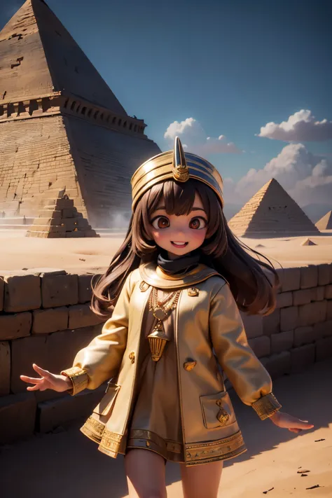 a young girl visiting the egyptian pyramids, smiling, adventurous style, energetic, highly detailed, photorealistic, 8k, hyperre...