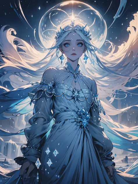 A mais foda Rainha do gelo (((usando coroa de gelo com cabelos brancos longos, olhos azulados como o mar, brincos brilhantes, im...