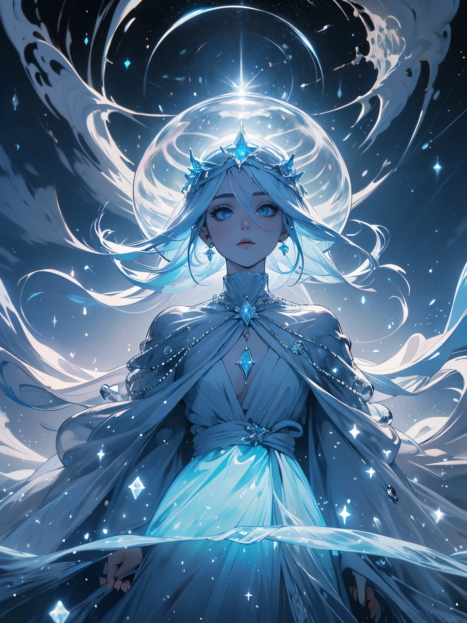 最酷的冰雪女王 (((头戴冰冠，长着白发, 蓝色的眼睛像大海, 閃亮的耳環, 气势, 他的衣服是冰, 巨大的白色盖子))), 明亮的图画, 核心粉彩, 墨滴, 秋天的燈光, 从下方观看，重点关注人物和上方的天空
