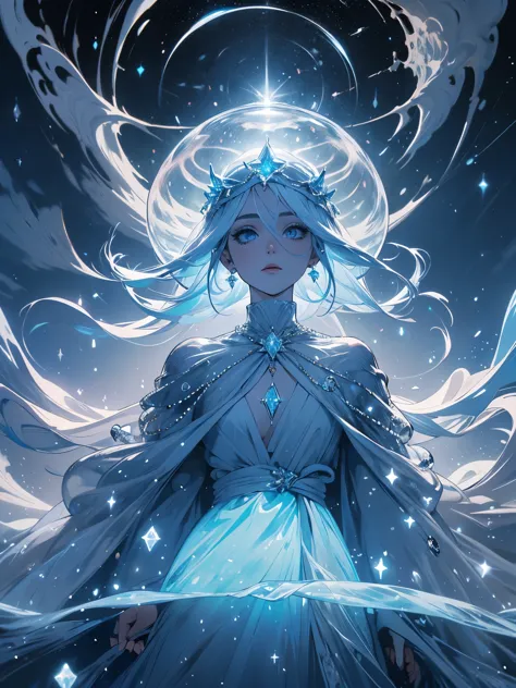 A mais foda Rainha do gelo (((usando coroa de gelo com cabelos brancos longos, olhos azulados como o mar, brincos brilhantes, im...
