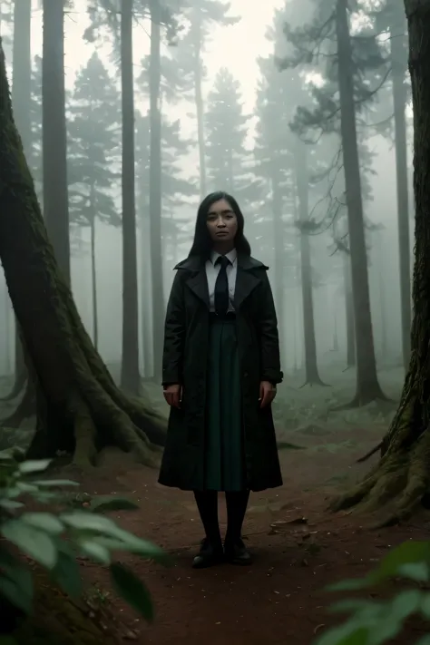 a girl in a school uniform standing in a forests, far shot, dense fog, surrealism, modern, cinematic lighting, blurry, fujicolor...