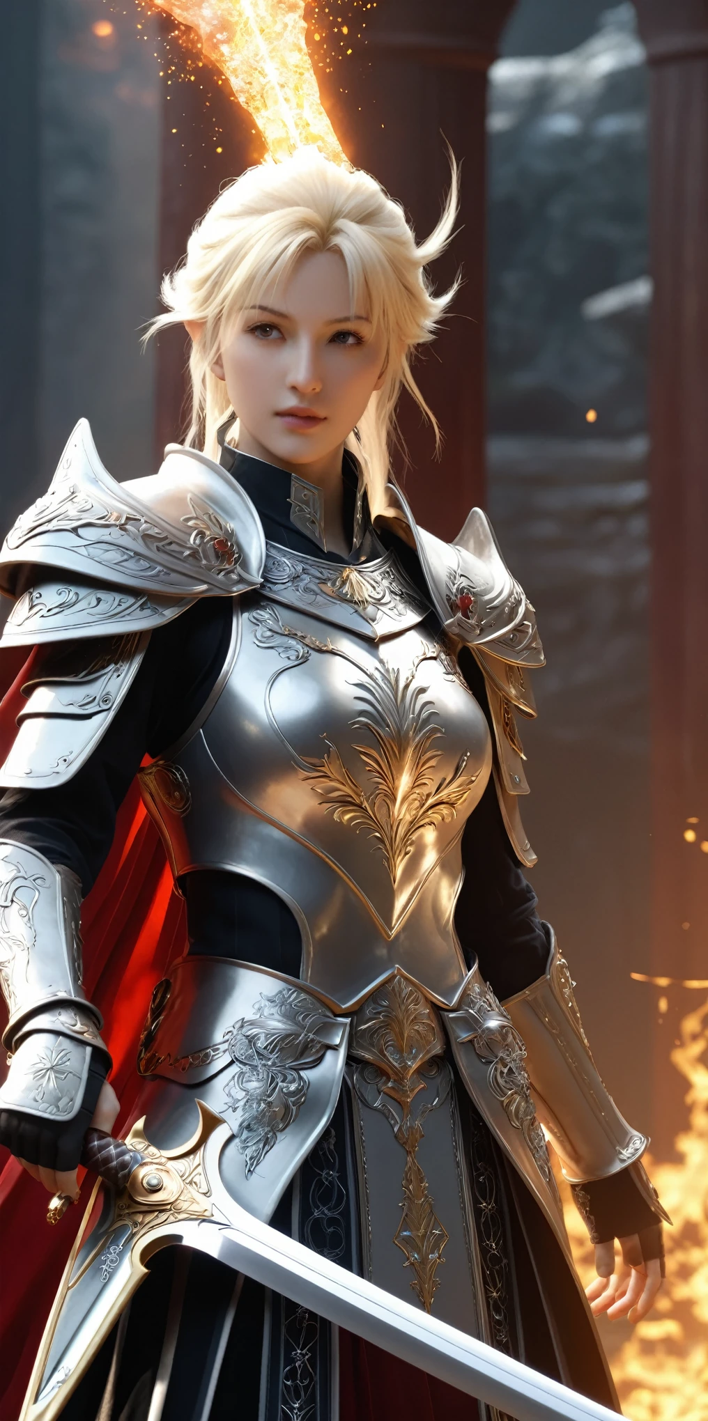 (8k, highest quality, masterpiece, final fantasy style: 1.2), (Realistic, photoRealistic: 1.37), Super detailed, One Girl, Paladin with Excalibur imbued with light, Wide viewing angles, huge firm bouncing bust, Very delicate depiction, Miniature painting, Detailed depiction of the face, Detailed depiction of hair, Accurate skeleton, Dress with intricate patterns, Complicated armor, long thick sword,dream-like,Ultra-realistic mixed fantasy world,A mix of realistic and fantastical elements,Magical Effects,(Magic circle on the ground, Casting a Spell, Swirling Magic, Light particles),Dynamic Light,red,fire, red fire eyes,elegant,Rays of Sin,dark,(dark magic), (strict), The battle between good and evil, (Excalibur:1),(Swirling Flames:1),universe, lightning, eruption, magic circle, Complex patterns, Phoenix, Shiva, Titan, Leviathan, (huge mother crystal:1.2)