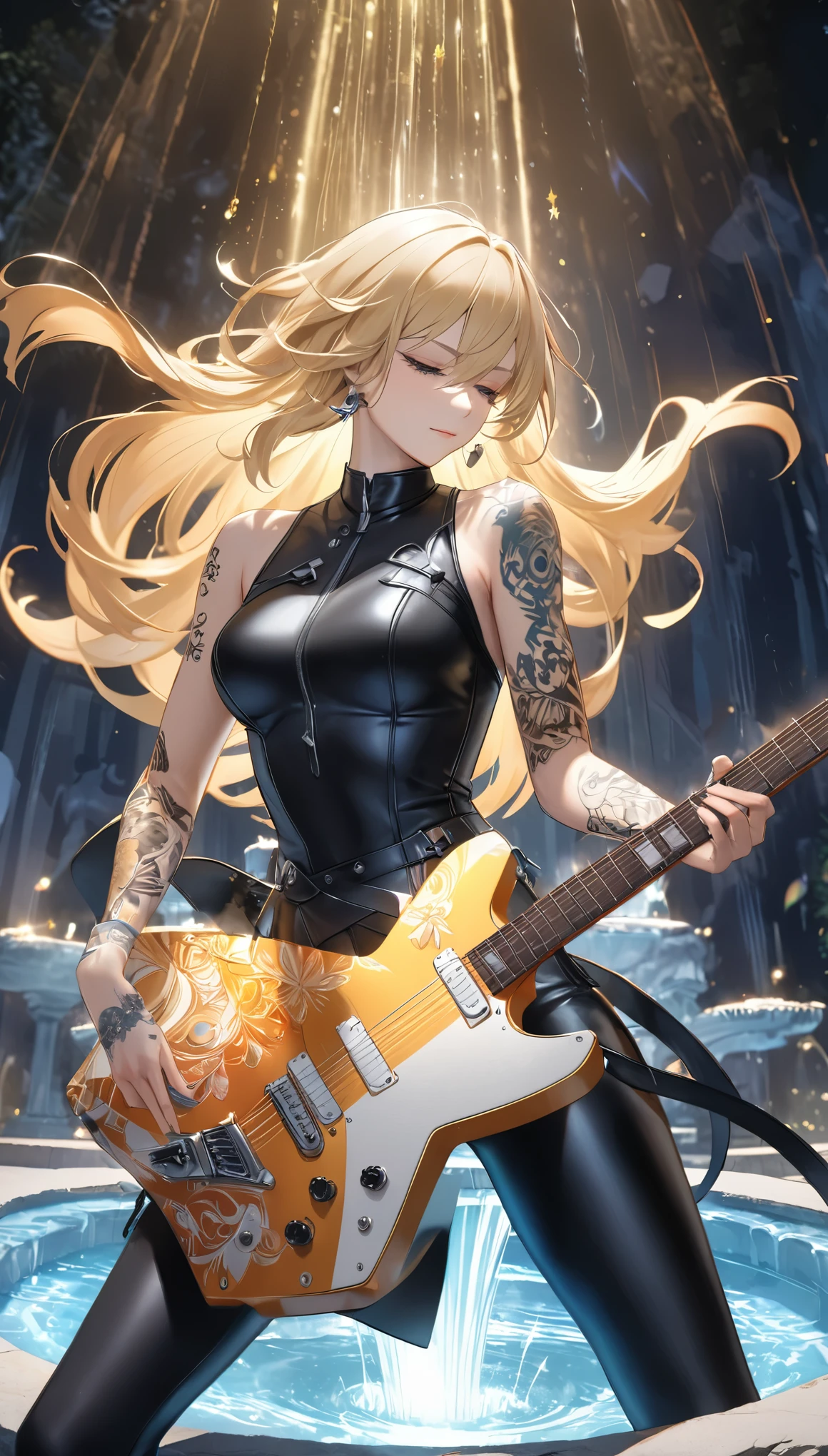 best quality, super fine, 16k, extremely detailed, 2.5D, delicate and dynamic, beautiful and cool rock guitarist playing guitar solo while standing in the center of stone fountain, cool guitar with (star-shaped mirror body), slim and tight leather outfit, tattoo on arms, blonde hair, cool standing posture, mysterious and fantastical light-up effect
