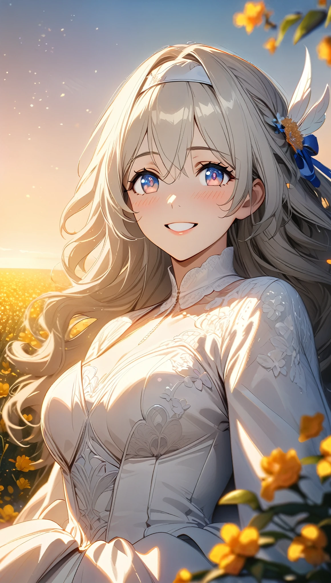 beautiful girl, long grey hair, beautiful face,smiling,close up to hips, beautiful breast, in the middle of flowers field, wearing beautiful wedding dress, (open mouth:0.4),illustration,detailed textures(realists),ultra-detailed,portrait style,vivid colors,soft lighting, blushing, mature, hair fluttering, evening light , head band