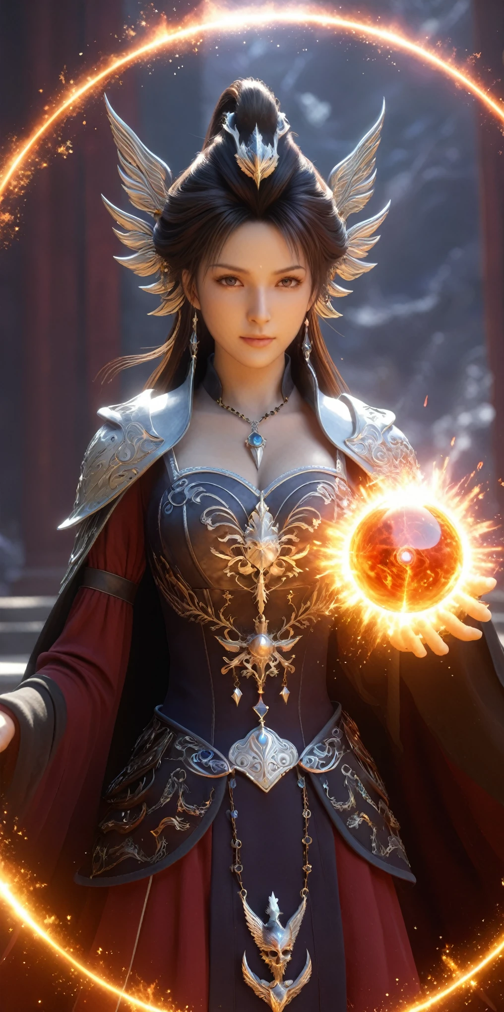 (8K, mais alta qualidade, Obra de arte, Estilo Final Fantasy: 1.2), (realista, photorealista: 1.37), Super detalhado, Uma garota, {mago negro imbuído de luz}, Amplos ângulos de visão, enorme busto firme e saltitante, Representação muito delicada, pintura em miniatura, Representação detalhada do rosto, Representação detalhada do cabelo, Esqueleto preciso, Vestido com padrões intrincados, armadura complicada, espada longa e grossa,sonhe como,Mundo de fantasia mista ultra-realista,Uma mistura de elementos realistas e fantásticos,Efeitos Mágicos,(círculo mágico no chão, lançando um feitiço, magia rodopiante, Partículas leves),luz dinâmica,vermelho,fogo, vermelho fogo eyes,elegante,Raios do Pecado,escuro,(escuro magic), (estrito), A batalha entre o bem e o mal, (Chamas rodopiantes:1),universo, raio, erupção, círculo mágico, Padrões complexos, Fénix, Shiva, titã, Leviatã, (enorme cristal mãe:1.2)